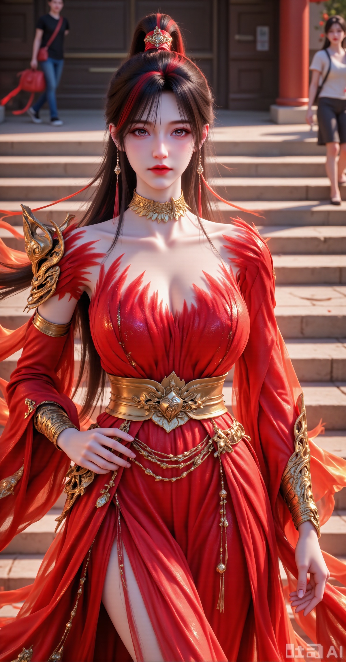 A beautiful and elegant young woman, with hair accessories adorning her long, waterfall-like hair styled into a high ponytail that cascades over her shoulders. Her face is gentle, and her soft gaze fixes on the camera. She is dressed in a bright red ancient-style crop set: the upper part is a butterfly-shaped corset decorated with golden beads and tassels; the lower part is a matching high-waisted long skirt, its surface covered with champagne gold embroidery and sequin patterns. A wide golden belt is tied around her waist, with tasseled pendants hanging down; hollowed-out carved armlets adorn her arms. Overlaying all is an orange-red light gauze shawl, fluttering in the wind with elegant arcs. The background is an outdoor stone step scene, with the texture of the steps blurred, and a few scattered pedestrians visible on the right. The composition is vertical, with the figure centered slightly to the left. The main tones of red and gold are rich and vivid, with bright light and shadow. The 8K quality highlights the details of the embroidery, the reflection of the beads, and the movement of the gauze shawl, creating a festive and dreamy atmosphere for the Hanfu portrait.,zxe