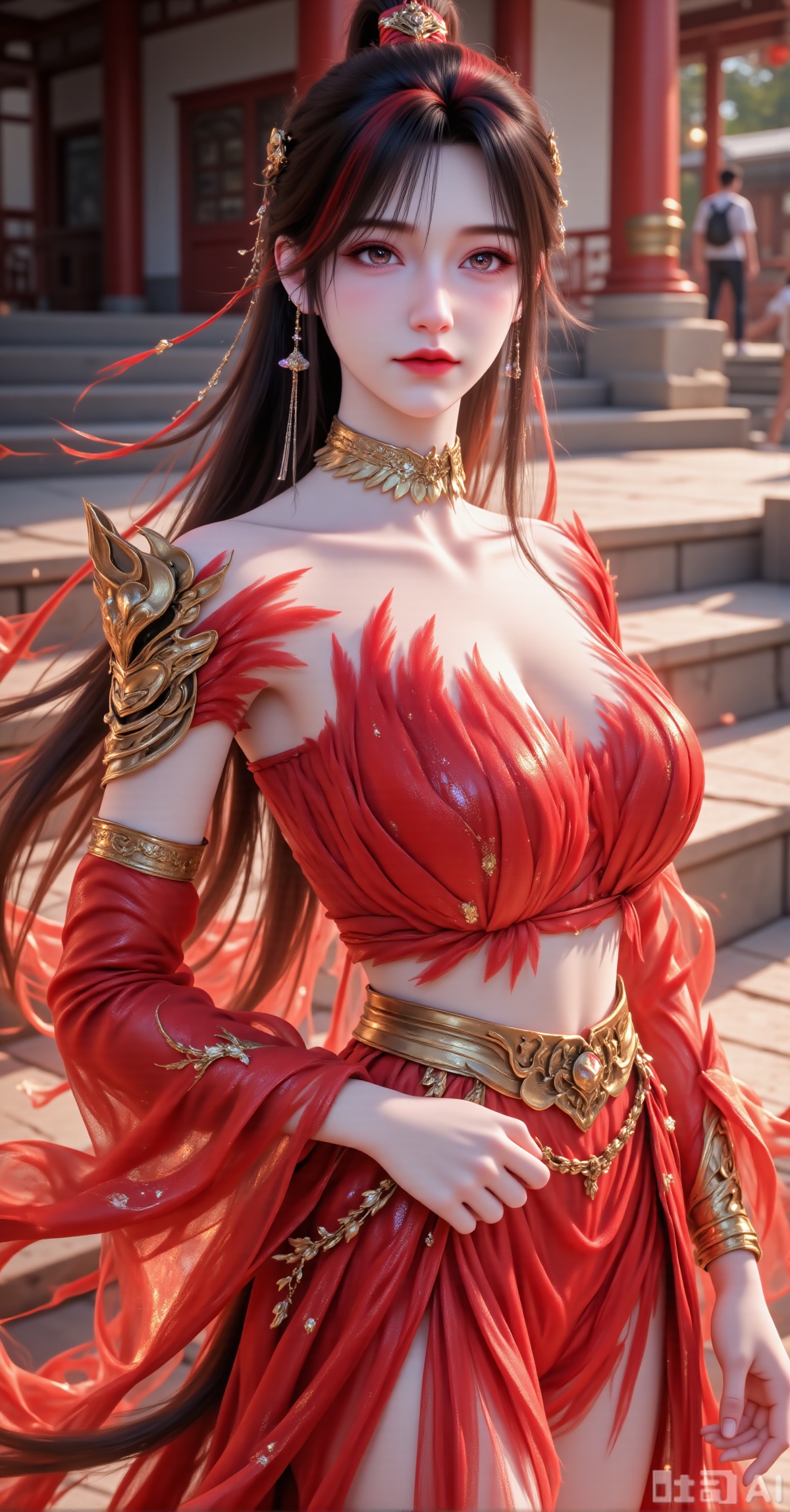 A beautiful and elegant young woman, with hair accessories adorning her long, waterfall-like hair styled into a high ponytail, cascading over her shoulders. Her face is gentle, and her soft gaze fixes on the camera. She is dressed in a bright red ancient-style crop set: the upper part is a butterfly-shaped corset decorated with golden beads and tassels; the lower part is a matching high-waisted short skirt, its surface covered with champagne gold embroidery and sequin patterns. A wide golden belt is tied around her waist, with tasseled pendants hanging down; hollowed-out carved armlets adorn her arms. Overlaying all is an orange-red light gauze shawl, fluttering in the wind with elegant arcs. The background is an outdoor stone step scene, with the texture of the steps blurred, and a few scattered pedestrians visible on the right. The composition is vertical, with the figure centered slightly to the left. The main tones of red and gold are rich and vivid, with bright light and shadow. The 8K quality highlights the details of the embroidery, the reflection of the beads, and the movement of the gauze shawl, creating a festive and dreamy atmosphere for the Hanfu portrait.