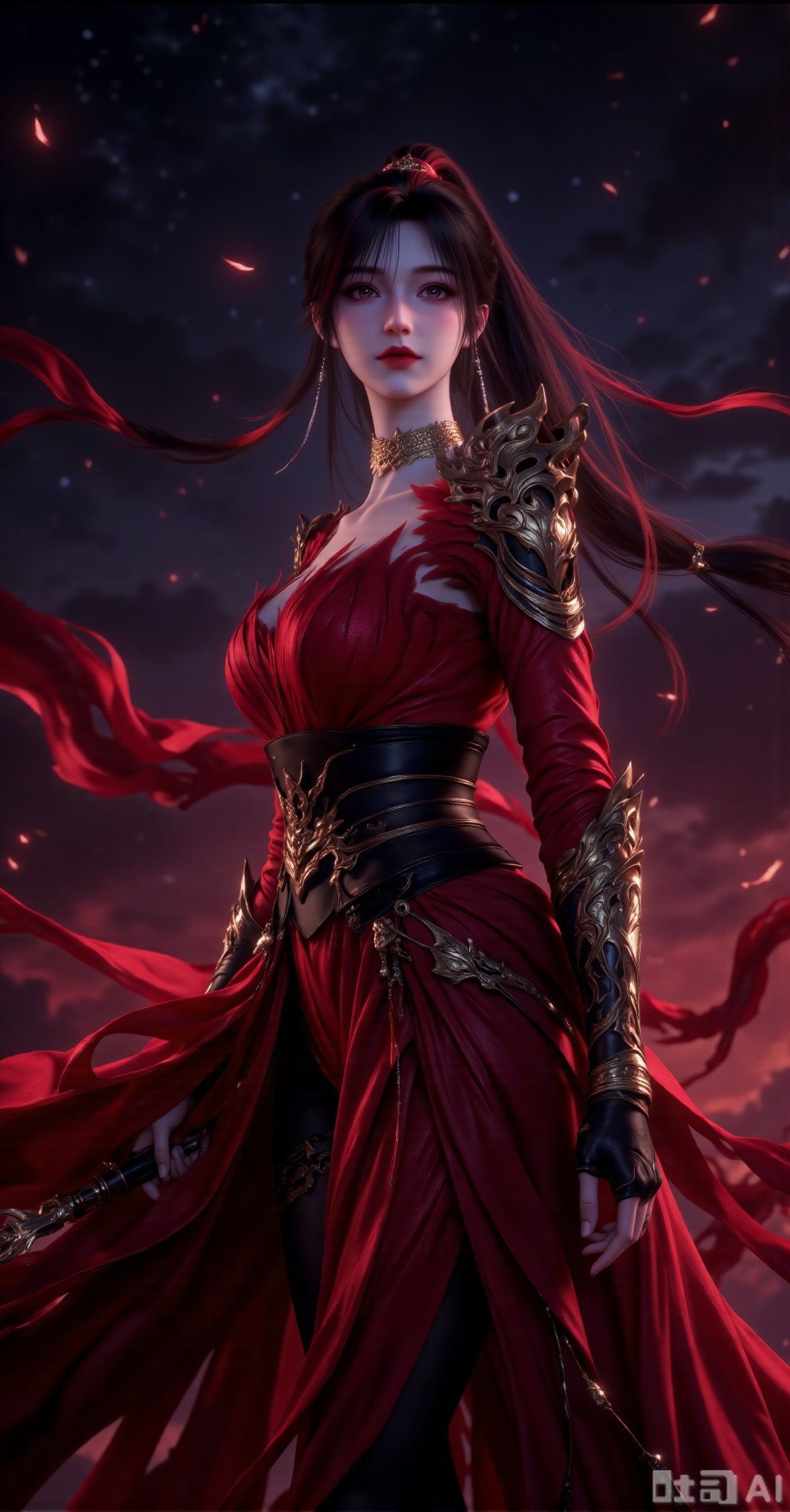 "A mysterious and noble woman wears an ornate crimson robe adorned with intricate golden embroidery, her shoulders and arms clad in finely crafted metallic armor with a cold gleam. Her high ponytail flows gracefully, the ends shimmering with an ethereal glow. Her expression is serene yet commanding, eyes deep and enigmatic. Standing in a poised side profile, her posture exudes elegance and power. The backdrop is a vast starry night sky, illuminated by drifting crimson light and twinkling stars, creating a mystical and grand atmosphere. Dominated by dark red, gold, and black tones, the composition features dramatic lighting contrasts for maximum visual impact, rendered in 8K ultra-detailed fantasy style.",zxe