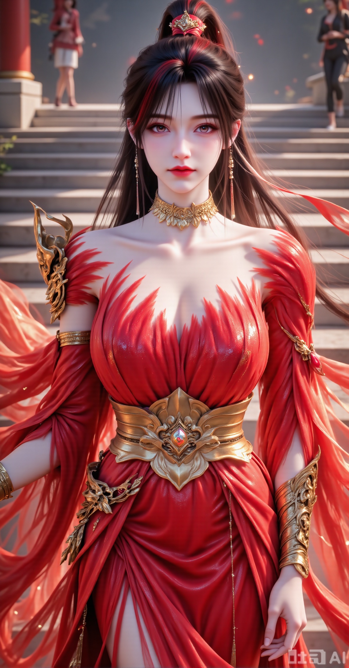 A beautiful and elegant young woman, with hair accessories adorning her long, waterfall-like hair styled into a high ponytail that cascades over her shoulders. Her face is gentle, and her soft gaze fixes on the camera. She is dressed in a bright red ancient-style crop set: the upper part is a butterfly-shaped corset decorated with golden beads and tassels; the lower part is a matching high-waisted long skirt, its surface covered with champagne gold embroidery and sequin patterns. A wide golden belt is tied around her waist, with tasseled pendants hanging down; hollowed-out carved armlets adorn her arms. Overlaying all is an orange-red light gauze shawl, fluttering in the wind with elegant arcs. The background is an outdoor stone step scene, with the texture of the steps blurred, and a few scattered pedestrians visible on the right. The composition is vertical, with the figure centered slightly to the left. The main tones of red and gold are rich and vivid, with bright light and shadow. The 8K quality highlights the details of the embroidery, the reflection of the beads, and the movement of the gauze shawl, creating a festive and dreamy atmosphere for the Hanfu portrait.,zxe