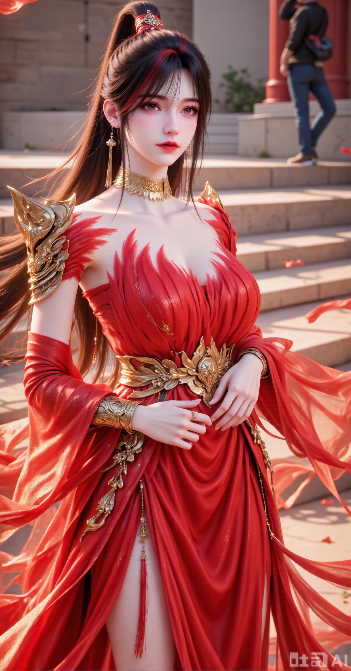 A beautiful and elegant young woman, with hair accessories adorning her long, waterfall-like hair styled into a high ponytail that cascades over her shoulders. Her face is gentle, and her soft gaze fixes on the camera. She is dressed in a bright red ancient-style crop set: the upper part is a butterfly-shaped corset decorated with golden beads and tassels; the lower part is a matching high-waisted long skirt, its surface covered with champagne gold embroidery and sequin patterns. A wide golden belt is tied around her waist, with tasseled pendants hanging down; hollowed-out carved armlets adorn her arms. Overlaying all is an orange-red light gauze shawl, fluttering in the wind with elegant arcs. The background is an outdoor stone step scene, with the texture of the steps blurred, and a few scattered pedestrians visible on the right. The composition is vertical, with the figure centered slightly to the left. The main tones of red and gold are rich and vivid, with bright light and shadow. The 8K quality highlights the details of the embroidery, the reflection of the beads, and the movement of the gauze shawl, creating a festive and dreamy atmosphere for the Hanfu portrait.,zxe