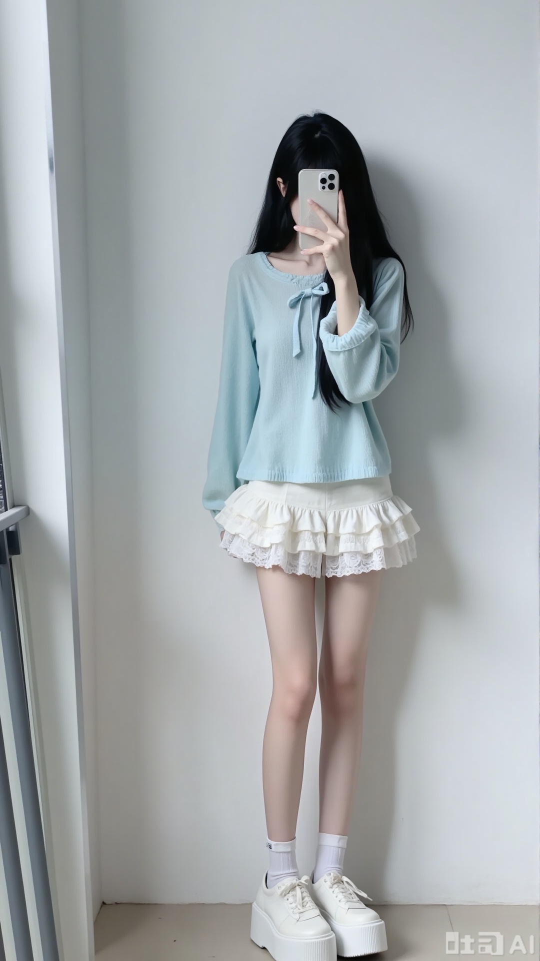 A young and beautiful woman takes a mirror selfie, with a phone hiding her face. She has long black hair, wearing a light blue loose - knit sheer sweater with tie details, paired with a white lace - ruffled mini skirt, white socks, and white platform sneakers. The background is a solid - color one. It’s an indoor scene filled with natural light, featuring light and shadow.