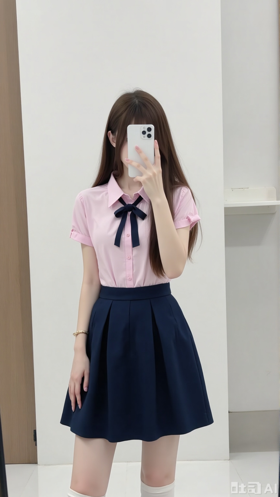A girl takes a mirror selfie, with a white phone covering her face. She has long straight hair and wears a pink short - sleeved shirt with a black bow at the neckline, paired with a navy - blue pleated skirt and white knee - high socks. The background includes a white wall - mounted shelf and a wooden door.