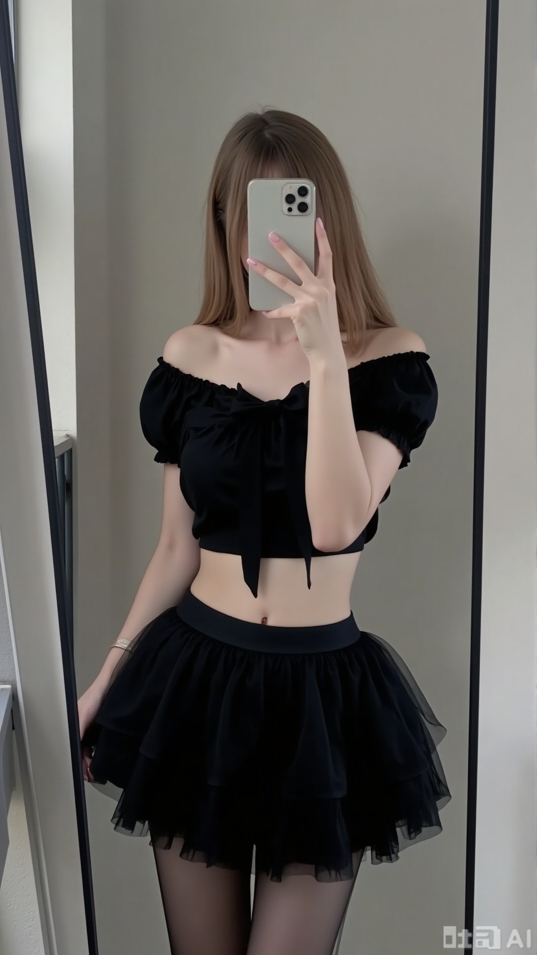 A lady takes a mirror selfie, her face hidden by a phone. She wears a black off - shoulder puff - sleeve crop top with a bow at the neckline, paired with a black ruffled mini skirt and black sheer stockings. The scene is indoors, filled with natural light, featuring distinct light and shadow.