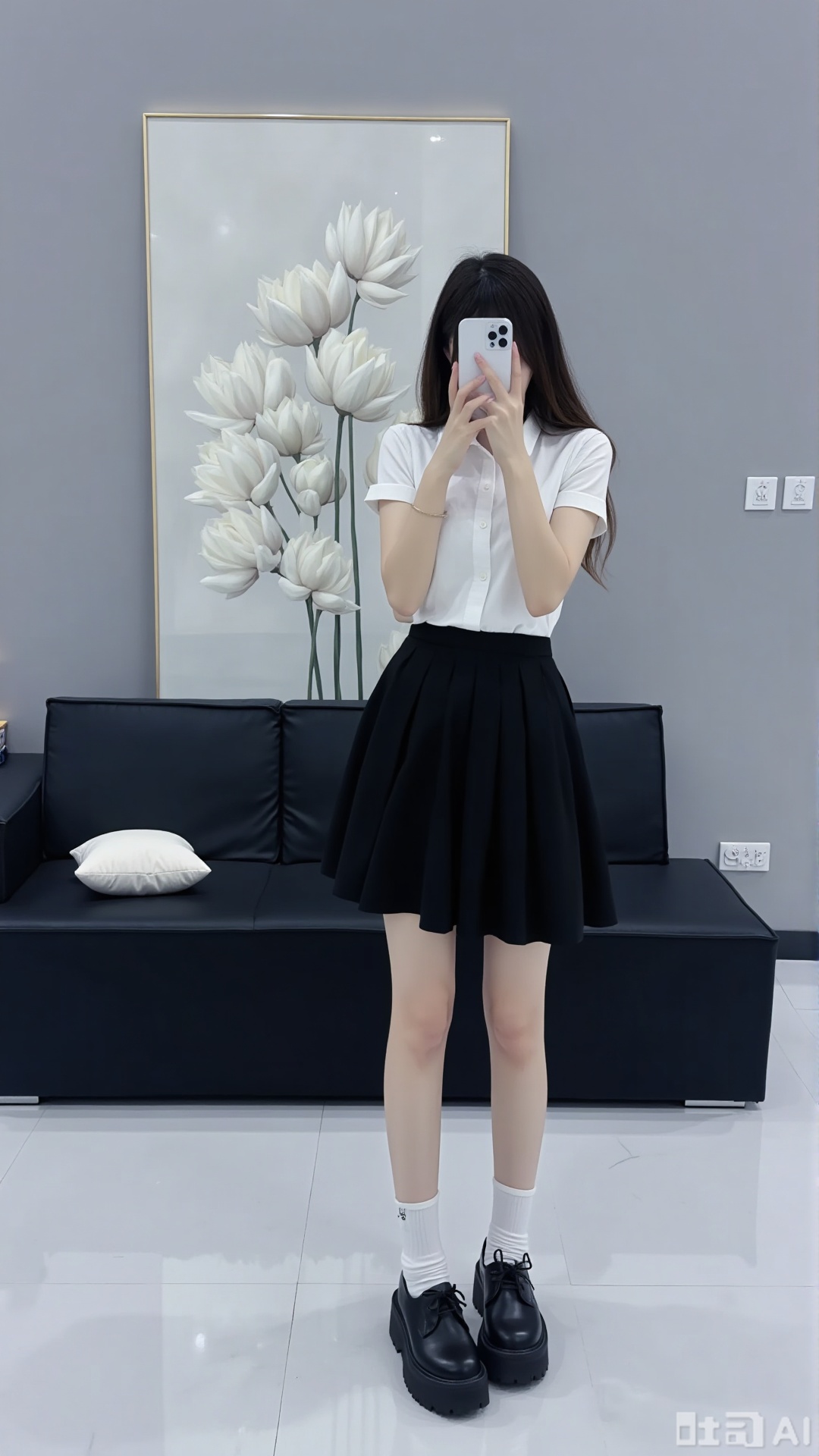 A woman takes a mirror selfie, with a phone covering her face. She is dressed in a white short - sleeved shirt, a black pleated skirt, white socks, and black platform shoes. Behind her, there is a black sofa with a white pillow, and a framed painting of white flowers hangs on the gray wall.