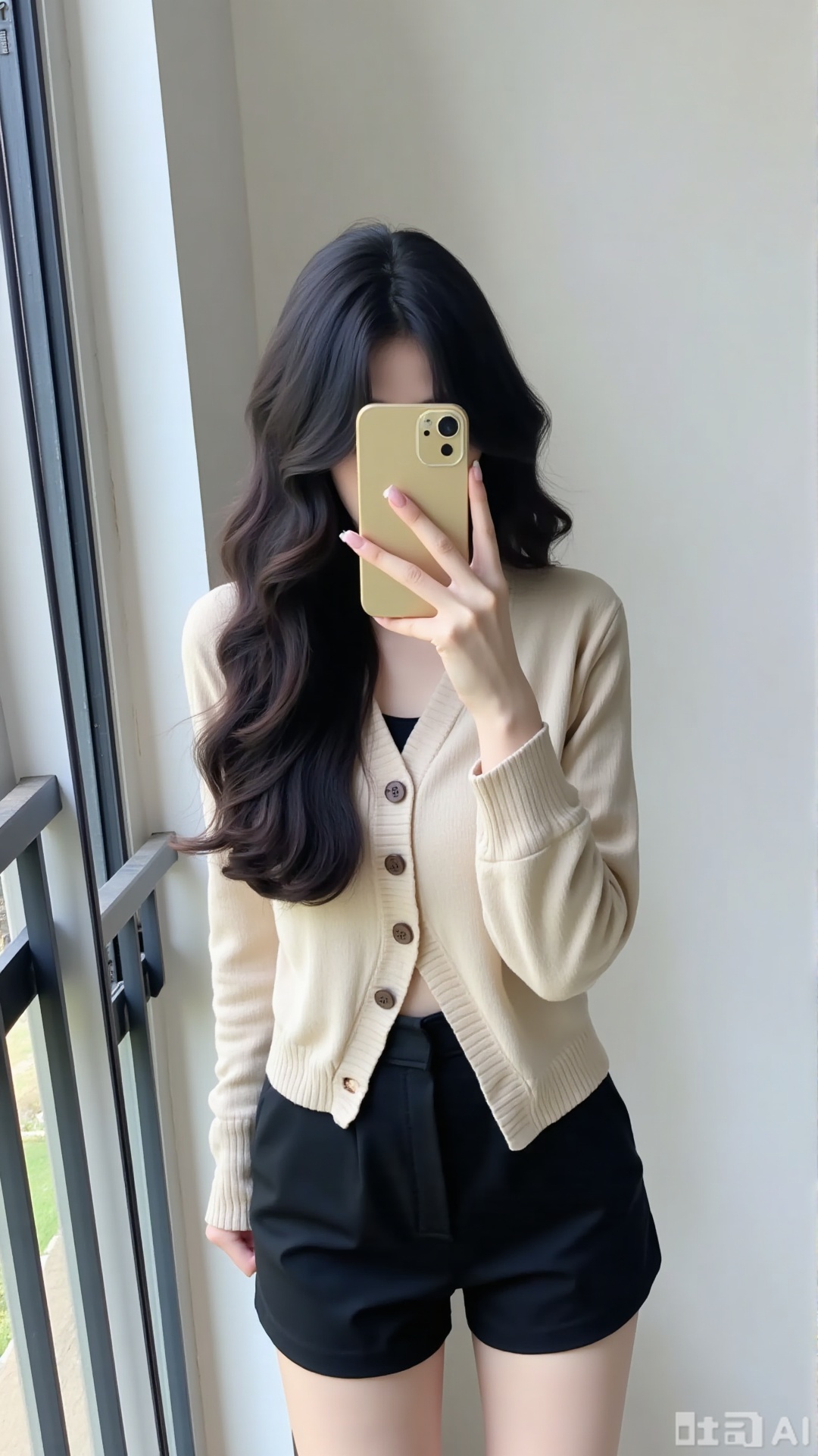 A woman with long wavy black hair takes a mirror selfie, holding a golden phone to cover her face. She wears a beige, long - sleeved, buttoned - up cardigan and black shorts. The setting is indoors, next to a window with natural light, against a light - colored wall