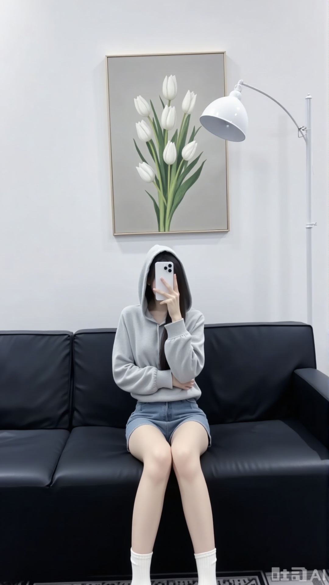 A person sits on a black sofa, wearing a gray hoodie (hood up) and denim shorts, with white socks. They hold a white phone to cover their face. Behind them is a framed painting of white tulips on a light gray wall, and a white floor lamp is above