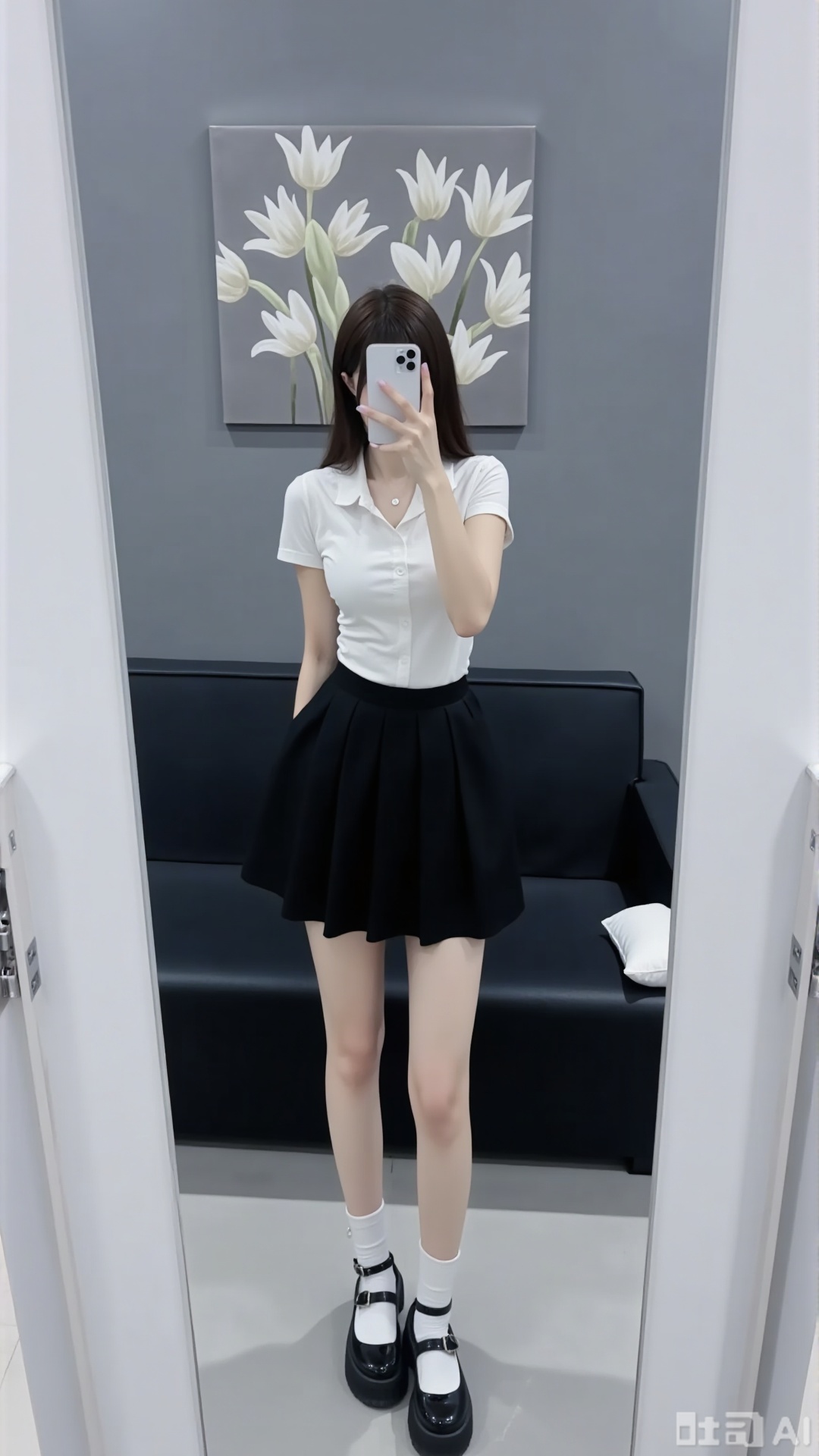 A woman takes a mirror selfie, with a phone covering her face. She is dressed in a white short - sleeved shirt, a black pleated skirt, white socks, and black platform shoes. Behind her, there is a black sofa with a white pillow, and a framed painting of white flowers hangs on the gray wall.