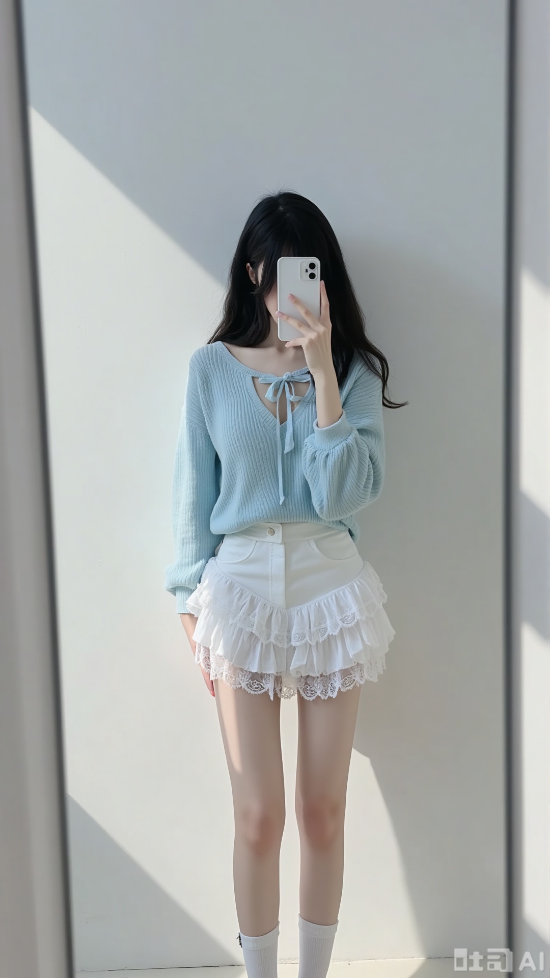 A young and beautiful woman with long black hair takes a mirror selfie. She’s wearing a light blue, loose - knit, sheer sweater with tie details, paired with a white lace - ruffled mini skirt, white socks, and white platform sneakers. The background is a solid - color one. It’s an indoor scene filled with natural light, featuring distinct light and shadow.