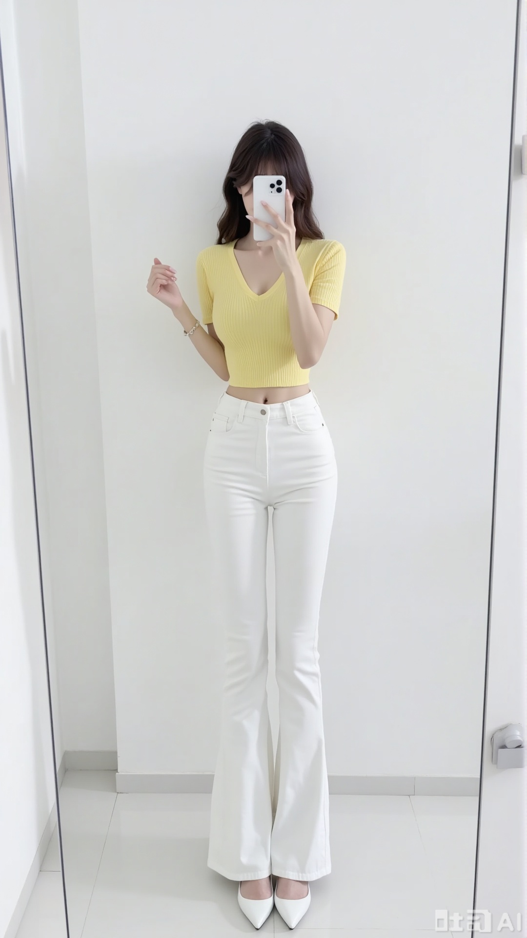 A woman takes a mirror selfie. She is wearing a yellow short - sleeved V - neck knitted crop top, paired with white flared jeans and white pointed - toe high heels. The background features a white wall.
