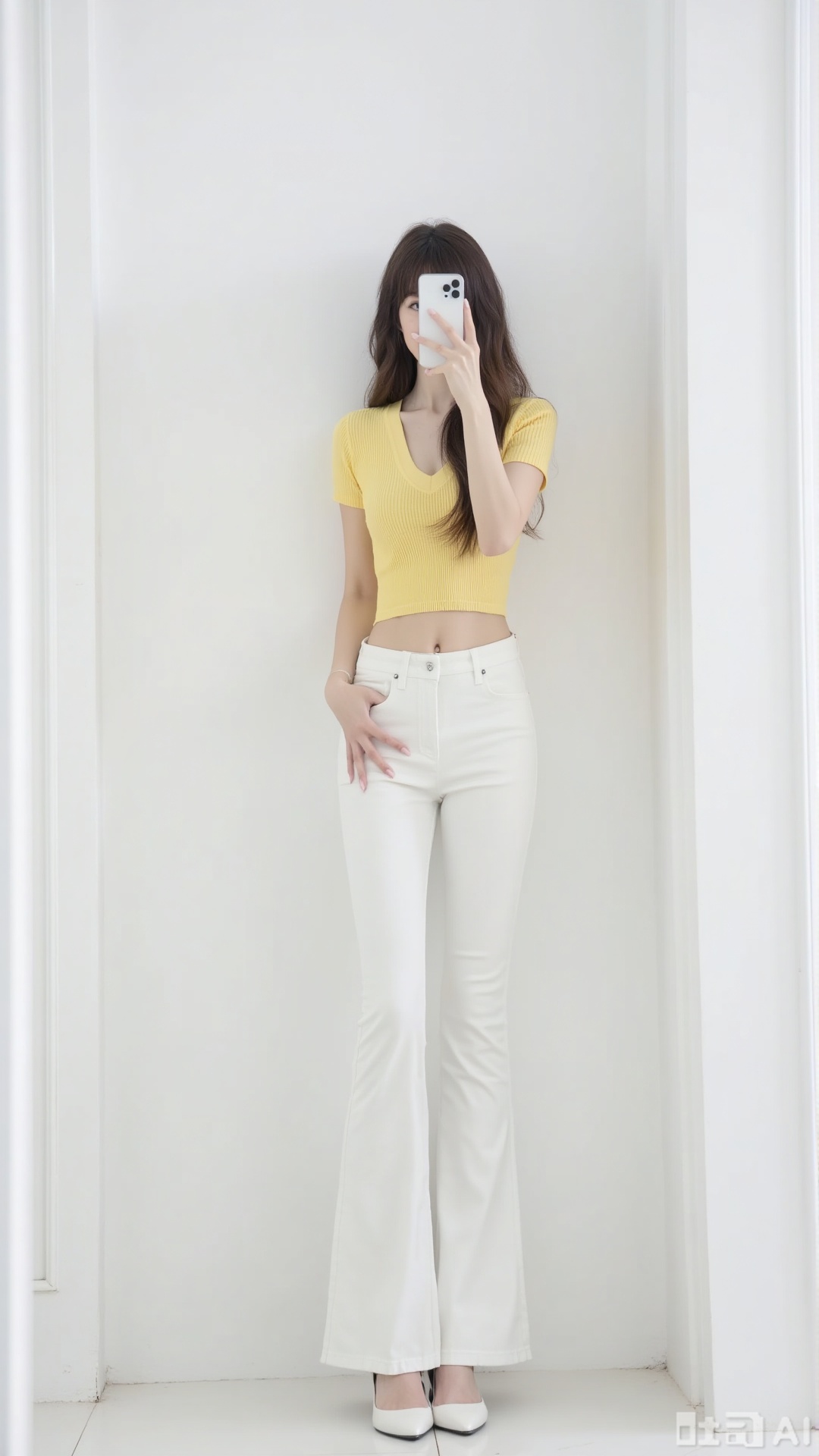 A woman takes a mirror selfie. She is wearing a yellow short - sleeved V - neck knitted crop top, paired with white flared jeans and white pointed - toe high heels. The background features a white wall.