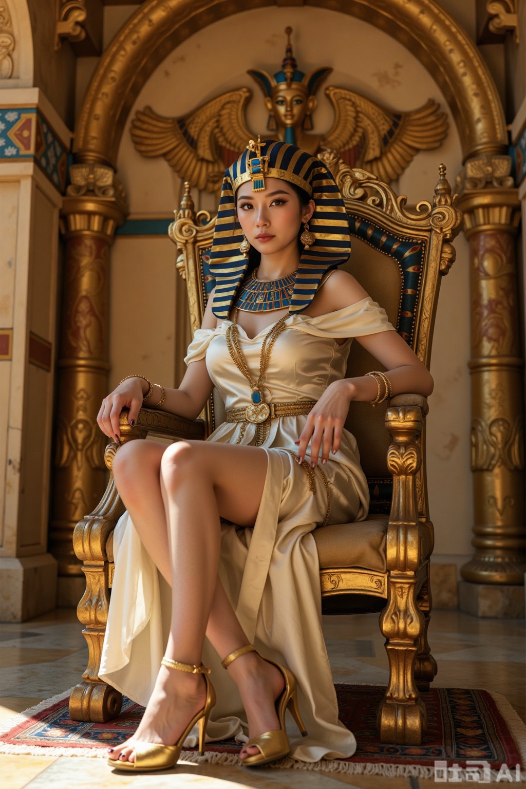 Realistic photo of a young woman, Egyptian pharaoh headdress, off-shoulder silk dress, long legs, golden heels, full body, sitting, golden throne, Egyptian temple,