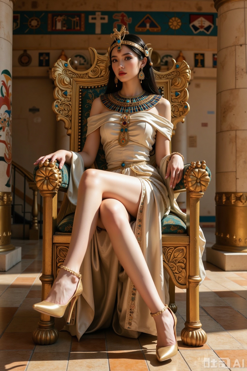 Realistic photo of a young woman, Egyptian pharaoh headdress, off-shoulder silk dress, long legs, golden heels, full body, sitting, golden throne, Egyptian temple,