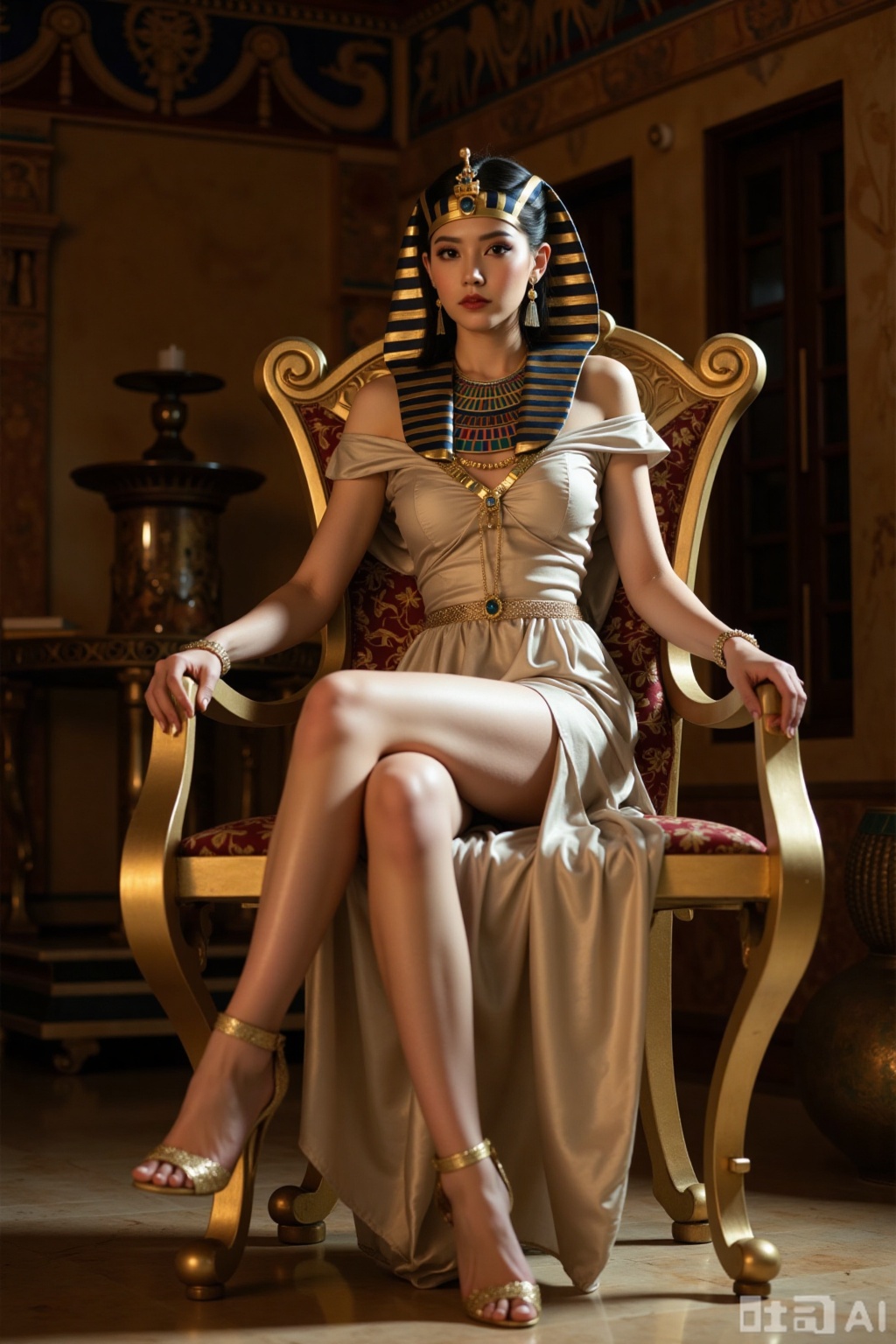 Realistic photo of a young woman, Egyptian pharaoh headdress, off-shoulder silk dress, long legs, golden heels, full body, sitting, golden throne, Egyptian temple,