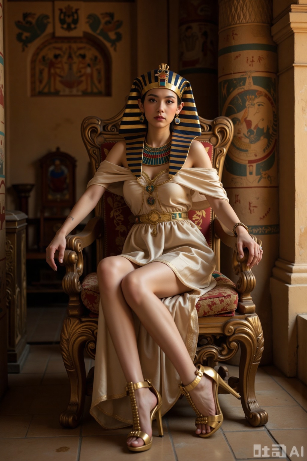 Realistic photo of a young woman, Egyptian pharaoh headdress, off-shoulder silk dress, long legs, golden heels, full body, sitting, golden throne, Egyptian temple,