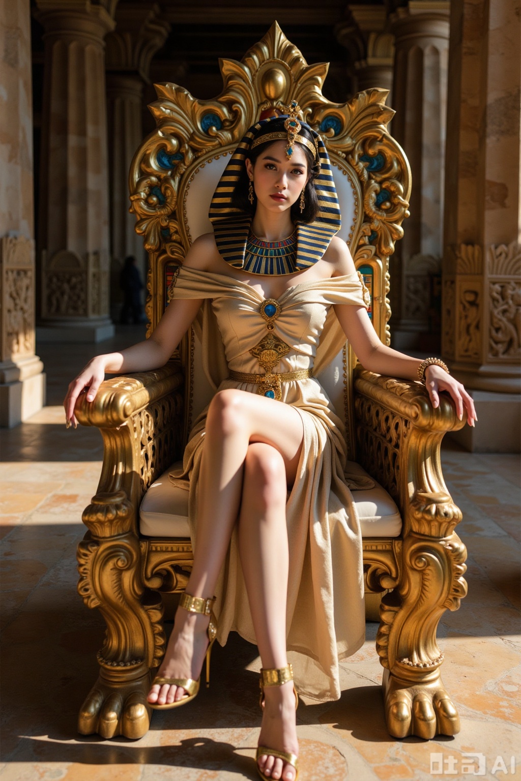 Realistic photo of a young woman, Egyptian pharaoh headdress, off-shoulder silk dress, long legs, golden heels, full body, sitting, golden throne, Egyptian temple,