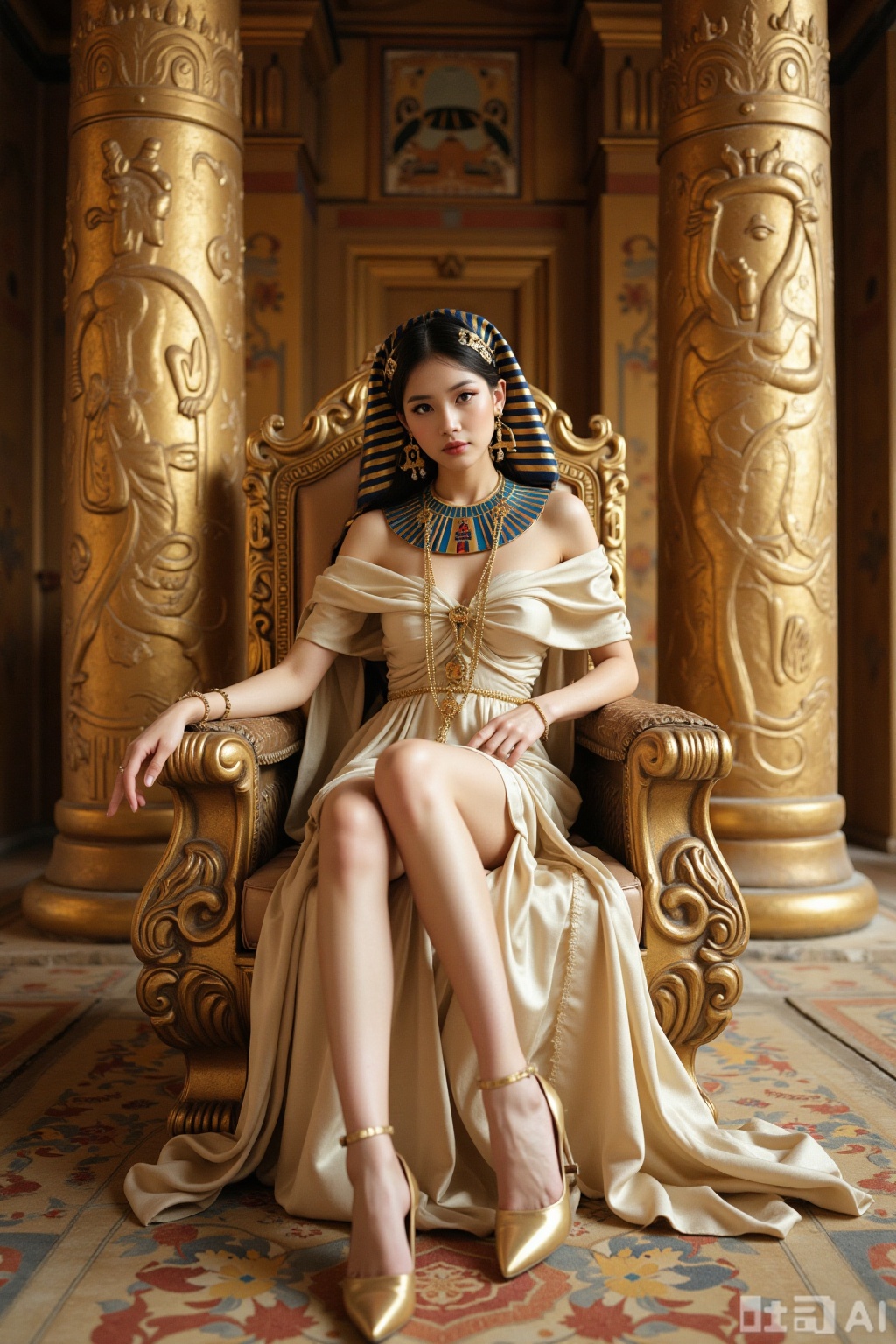 Realistic photo of a young woman, Egyptian pharaoh headdress, off-shoulder silk dress, long legs, golden heels, full body, sitting, golden throne, Egyptian temple,
