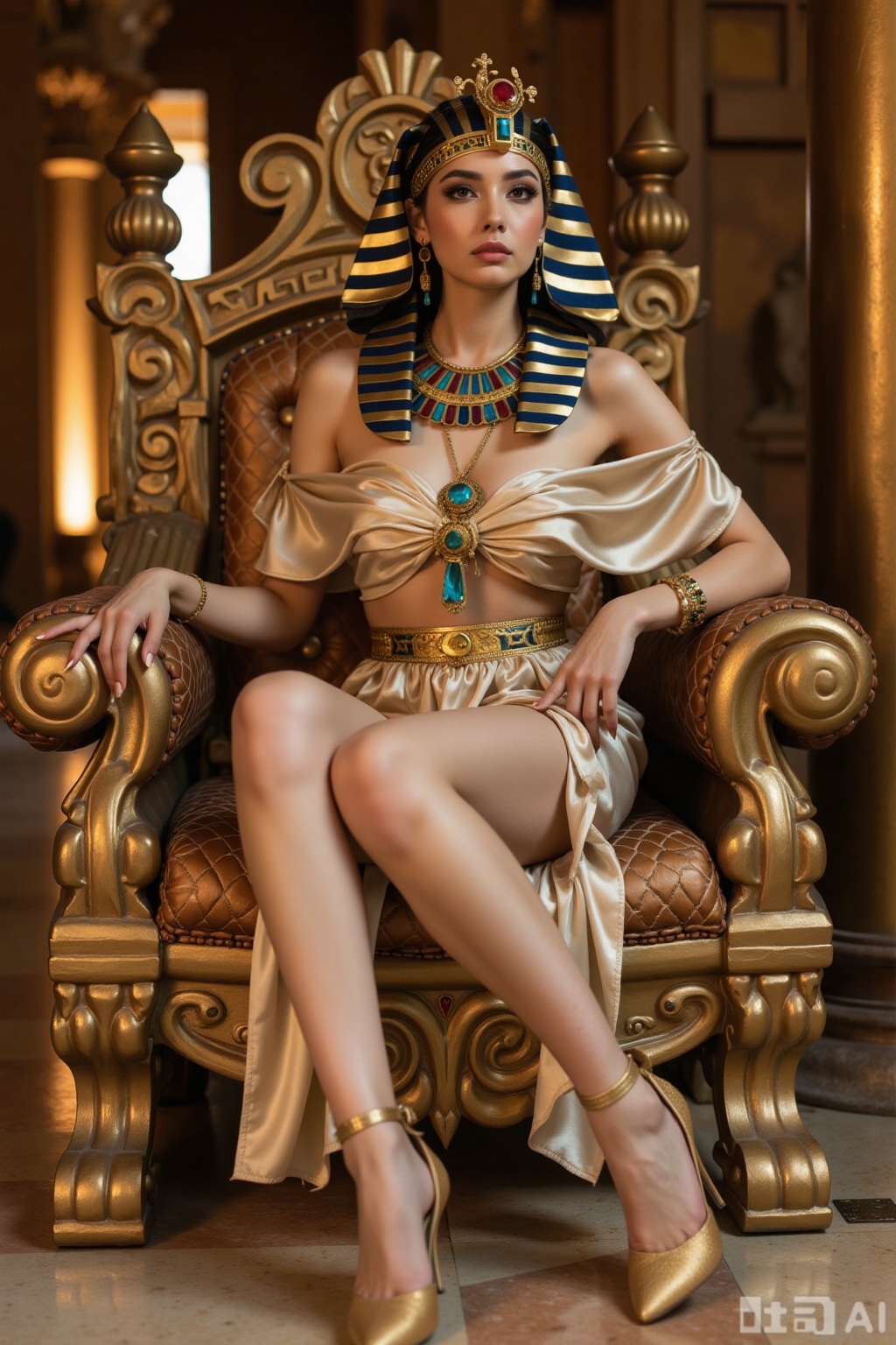 Realistic photo of a young woman, Egyptian pharaoh headdress, off-shoulder silk dress, long legs, golden heels, full body, sitting, golden throne, Egyptian temple,