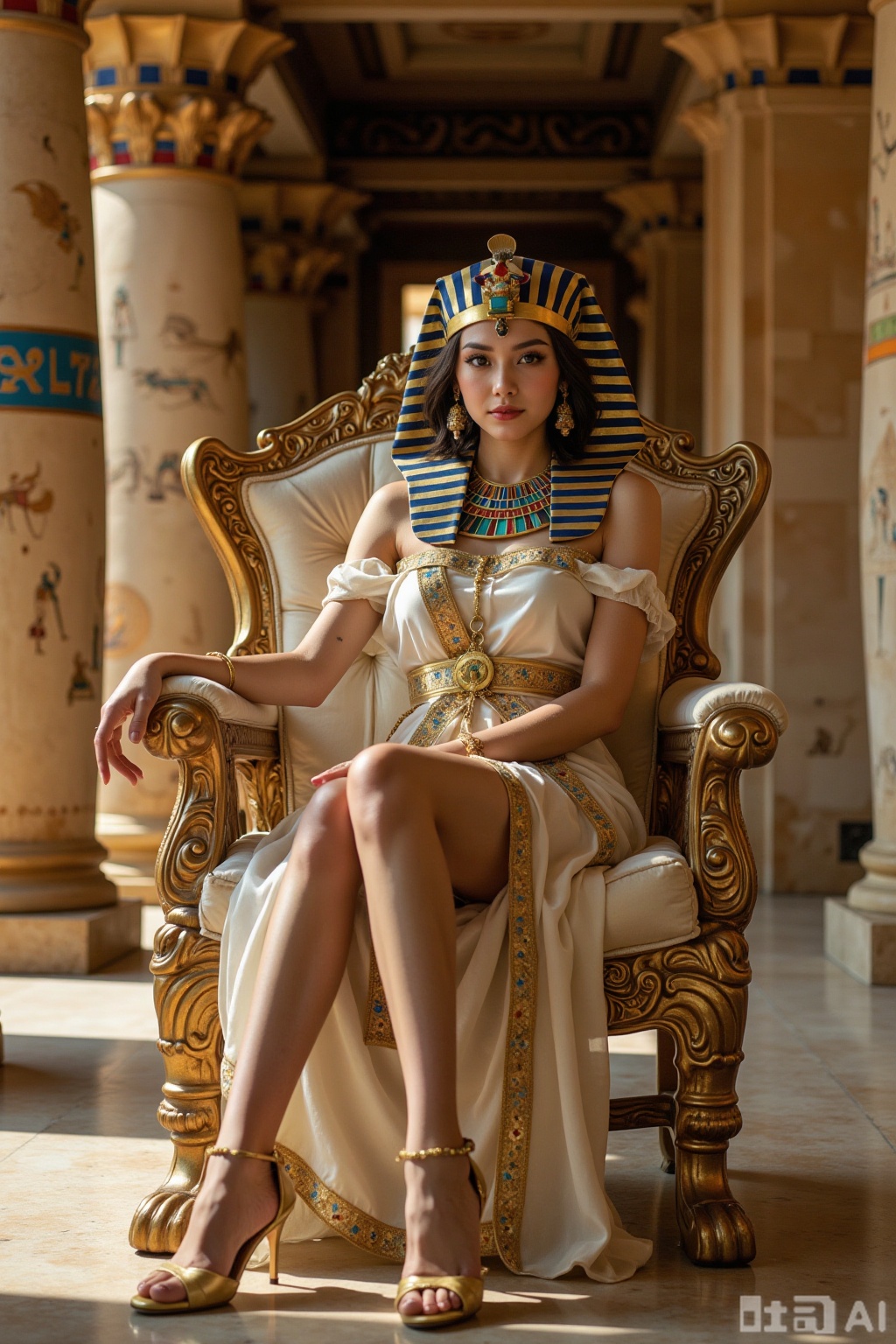 Realistic photo of a young woman, Egyptian pharaoh headdress, off-shoulder silk dress, long legs, golden heels, full body, sitting, golden throne, Egyptian temple,