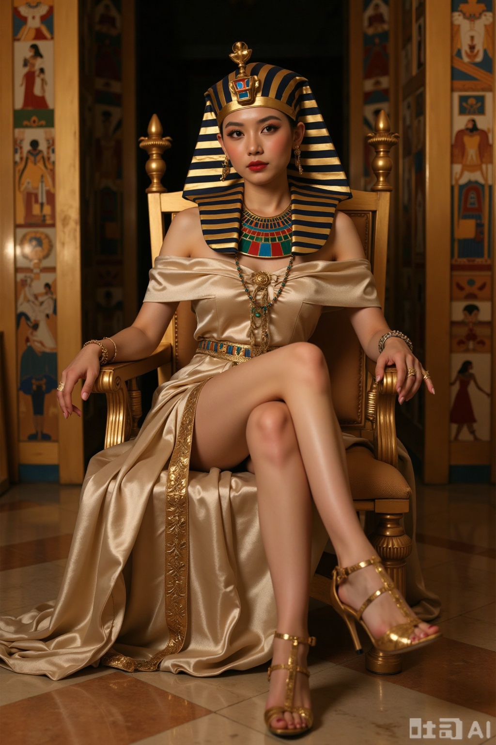 Realistic photo of a young woman, Egyptian pharaoh headdress, off-shoulder silk dress, long legs, golden heels, full body, sitting, golden throne, Egyptian temple,