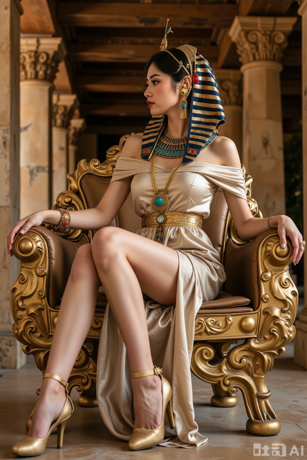 Realistic photo of a young woman, Egyptian pharaoh headdress, off-shoulder silk dress, long legs, golden heels, full body, sitting, golden throne, Egyptian temple,