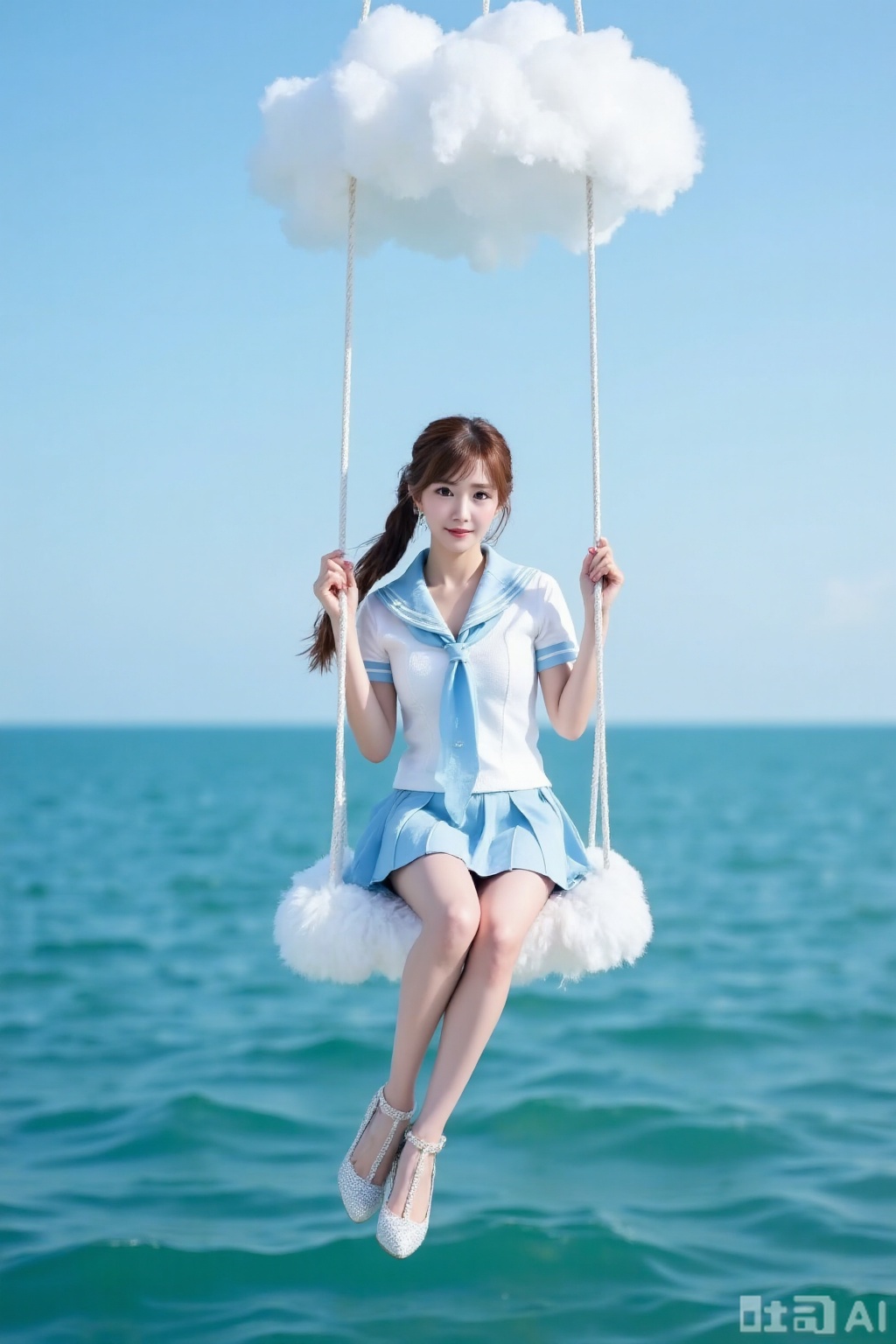 真人肌肤纹理, 4K画质,完美身材,long legs,big_breasts,navel,,Film texture,, film and television, surrealism, a girl with a delicate face is sitting on a cloud swing. The girl is wearing a jk sailor uniform, a white short-sleeved shirt, light blue stripes trimming, a light blue tie, white blue pleated skirt, exquisite diamond-encrusted high heels, swing rope The sub is connected to a cloud in the sky, the background is a vast ocean, the water shows a consistent blue-green tone, the sky is also blue-green, blending with the ocean, perfect light and shadow, hyper-realistic photography, sharpening, artistic conception, Consciousness, large areas of blank space, sense of space, haziness, dreams, fog,hime,side ponytail,brown_hair