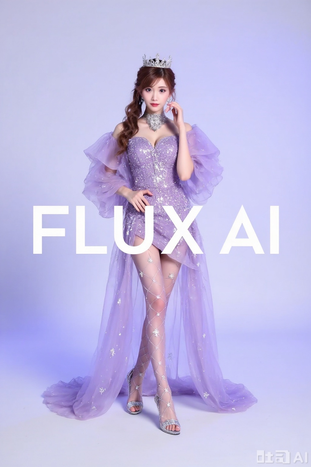 Realistic skin texture,4K quality,perfect body,1girl,looking at viewer,navel,high heel,argyle legwear,star (symbol),super long legs,realistic,pose for picture,dynamic posture,
The image depicts a digitally rendered character standing against a gradient background that transitions from light purple to white. The character is dressed in an elegant,
flowing   gown with intricate embellishments,including a star-shaped design on the chest and a tiara on their head. The gown has long,layered sleeves and a high slit,revealing one leg. 
The character's hair is long  ,cascading down their back,and they are wearing silver high-heeled shoes. 
The text in the image reads "FLUX AI" in  font, ,uppercase font,uppercase font. The overall aesthetic is ethereal and fantasy-inspired,with a focus on the character's regal and otherworldly appearance,hime,side ponytail,brown_hair
