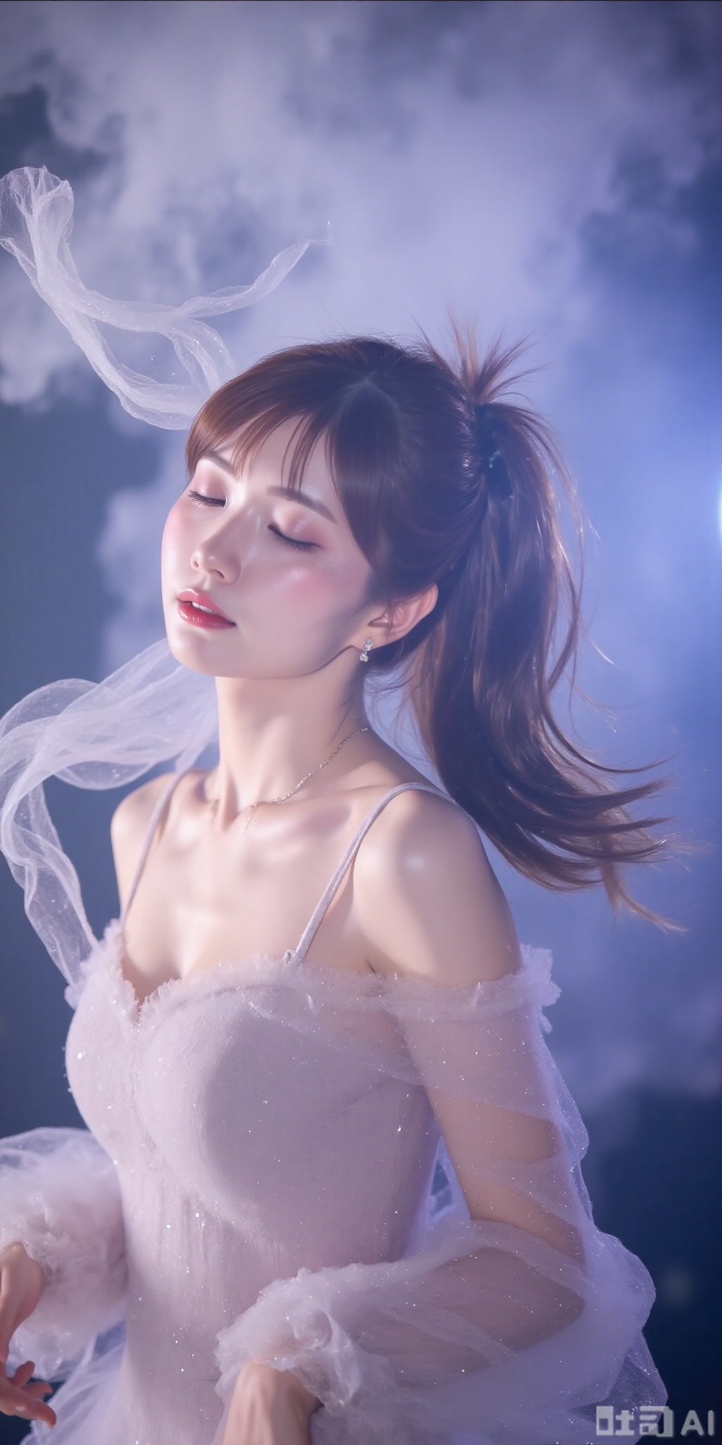 真人肌肤纹理, 4K画质,完美身材,1girl,looking_at_viewer,  ,realistic,,pose for picture,Dynamic posture,,
A surreal dreamscape unfolds: a woman's ethereal form dissolves into misty tendrils,her eyes closed in rapture as consciousness flows like wispy vines. Dreamlike,she floats amidst a haze of gradient colors,softly fading into the background. The shot is framed with deliberate vagueness,capturing the fleeting essence of the subconscious. In the foreground,delicate film grain textures evoke a sense of nostalgia.,hime,side ponytail,brown hair