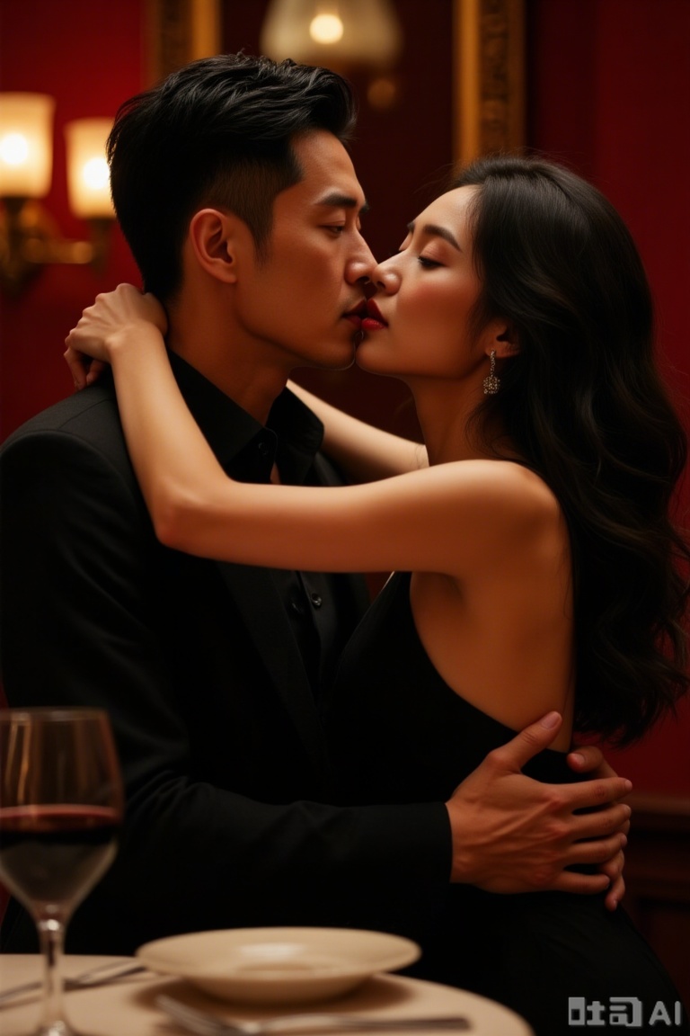 A couple hugged each other tightly, the man was wearing a black suit and the woman was wearing a black backless dress, with a friendly posture. The scene is in the private room of the restaurant with candlelight swaying, with red wine glasses on the table. The style is a warm atmosphere, with candlelight reflecting the cheeks of two people, and the light and shadow intertwined with delicate texture rendering. The colors are mainly dark red and warm yellow, and are low-key and elegant. Composition with a close-up image, focusing on the two people's intertwined arms and their cheeks in front.