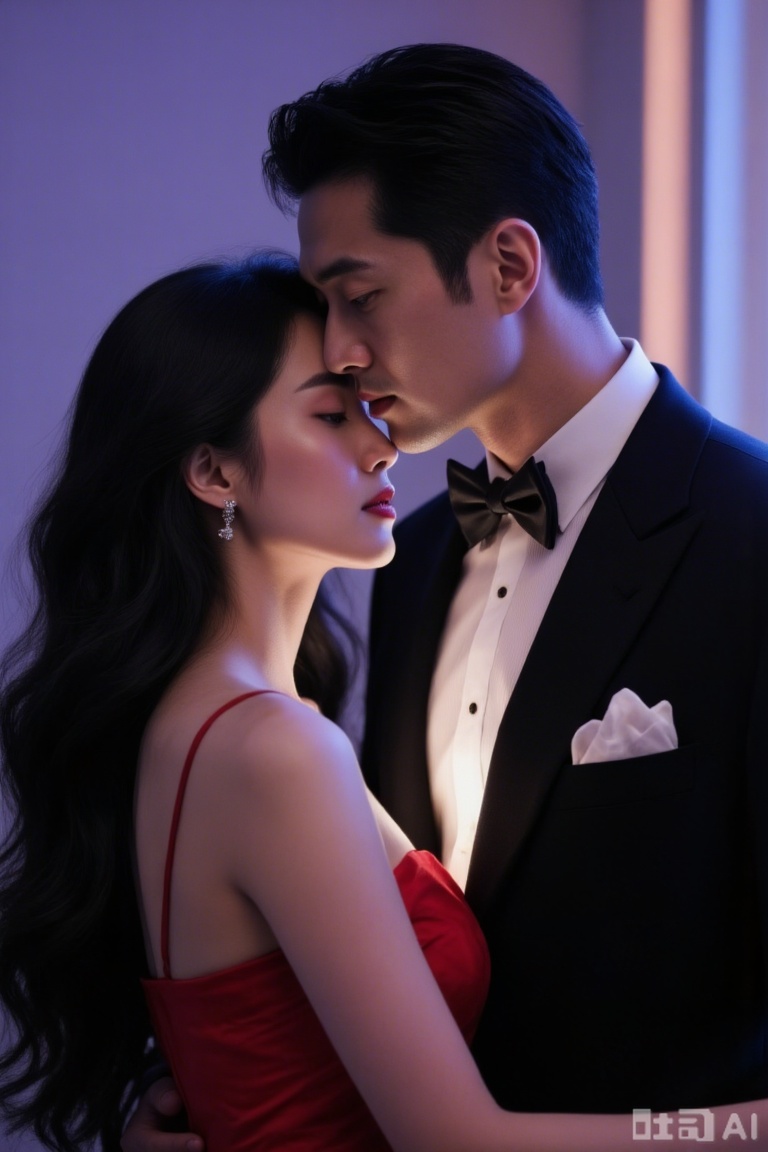 plcp, The man turned his head slightly, his eyes fell on the woman's drooping eyelashes, as if catching a fleeting ray of starlight, and the unsolvable tenderness hidden in the smile on the corner of his lips. The woman's fingertips were still stuck in the front of the suit, and the fabric was gently wrinkled, and slowly calmed down with her breathing, as if even her clothes were echoing the tenderness flowing between the two.
The fluid art in the background is shading with gradient purple and blue, which looks like the sky when the night begins to hang. The occasionally leaping gilded light spots are like candlelight blown by the evening breeze, adding a bit of agility to this elegance. The light casts a tiny shadow on the edge of the man's bow tie, and then spreads a soft luster on the woman's off-shoulder skin, depicting the lines of the clavicle that are looming between her neck. Their snuggling posture was not at all intentional, as if they had already formed a tacit understanding in countless such moments. Even the strength of fingertips touching each other and the frequency of breathing intertwined were like a silent waltz, dancing a romantic rhythm that belonged to each other in the solemnity of the formal occasion. .plbj