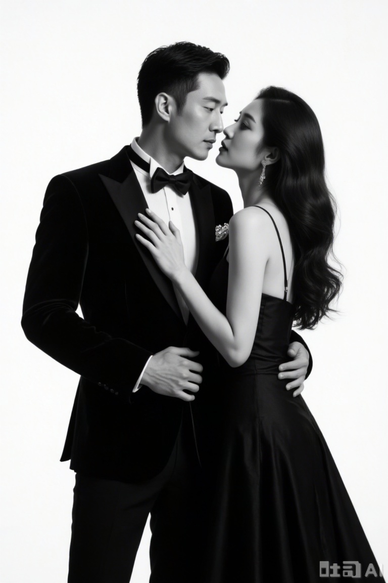 plcp,couple, monochrome, In black - and - white tone, an elegant couple interacts. The man wears a delicate black suit with a bow tie and decorations. The woman wears a black strapless long dress, placing her hand on the man’s chest. They are close intimately. The background is simple white. The composition highlights formal romance. Soft light outlines delicate contours. The style is noble and affectionate, conveying a classic sense of ceremony.