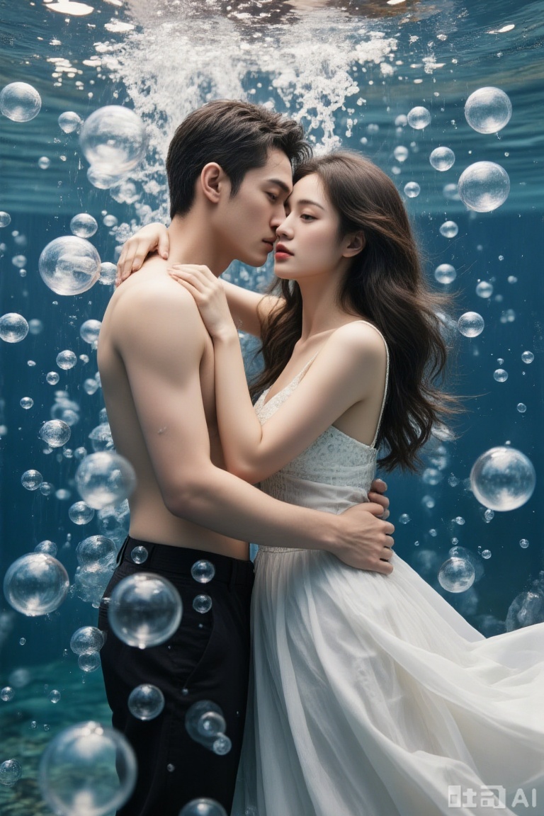 Underwater photography,  plcp,a couple,surrounded by bubbles,outdoors,surrealism
