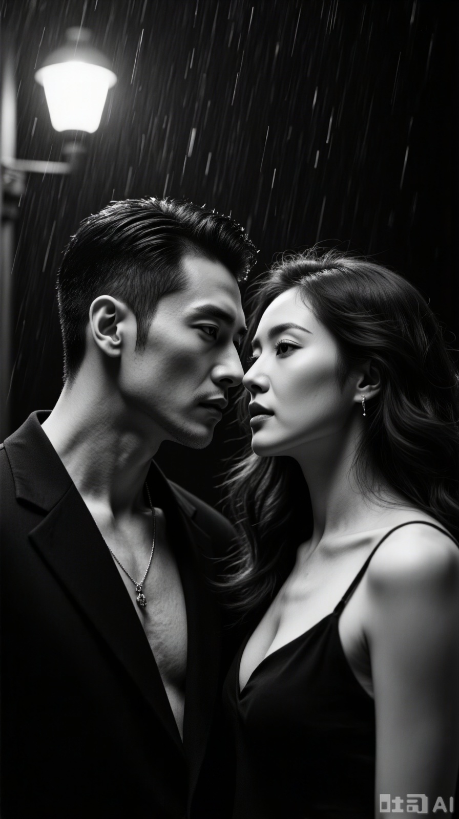 Key elements: busts of men and women.
Character: A mature and stylish man at the age of 30, with a tough outline and short and stylish hairstyle. 26-year-old elegant woman, sexy and plump, long curly hair.
Action: abstinence, sexual tension.
Scene: The dark rainy street highlights the main character.
Composition: Three-point composition.
Color tones: black and white monochrome, high contrast light and shadow, strengthen the light and dark levels, and create a mysterious atmosphere.
Picture style: simple and high-end, with a strong sense of light and shadow, and highlights the texture with clothes. ,plcp,cinematic texture background,double-exposure,necklace,couple