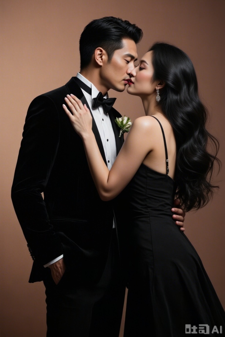 plcp,an elegant couple interacts. The man wears a delicate black suit with a bow tie and decorations. The woman wears a black strapless long dress, placing her hand on the man’s chest. They are close intimately. The background is Fluid Art. The composition highlights formal romance. Soft light outlines delicate contours. The style is noble and affectionate, conveying a classic sense of ceremony.,color-speckled background,digital-art