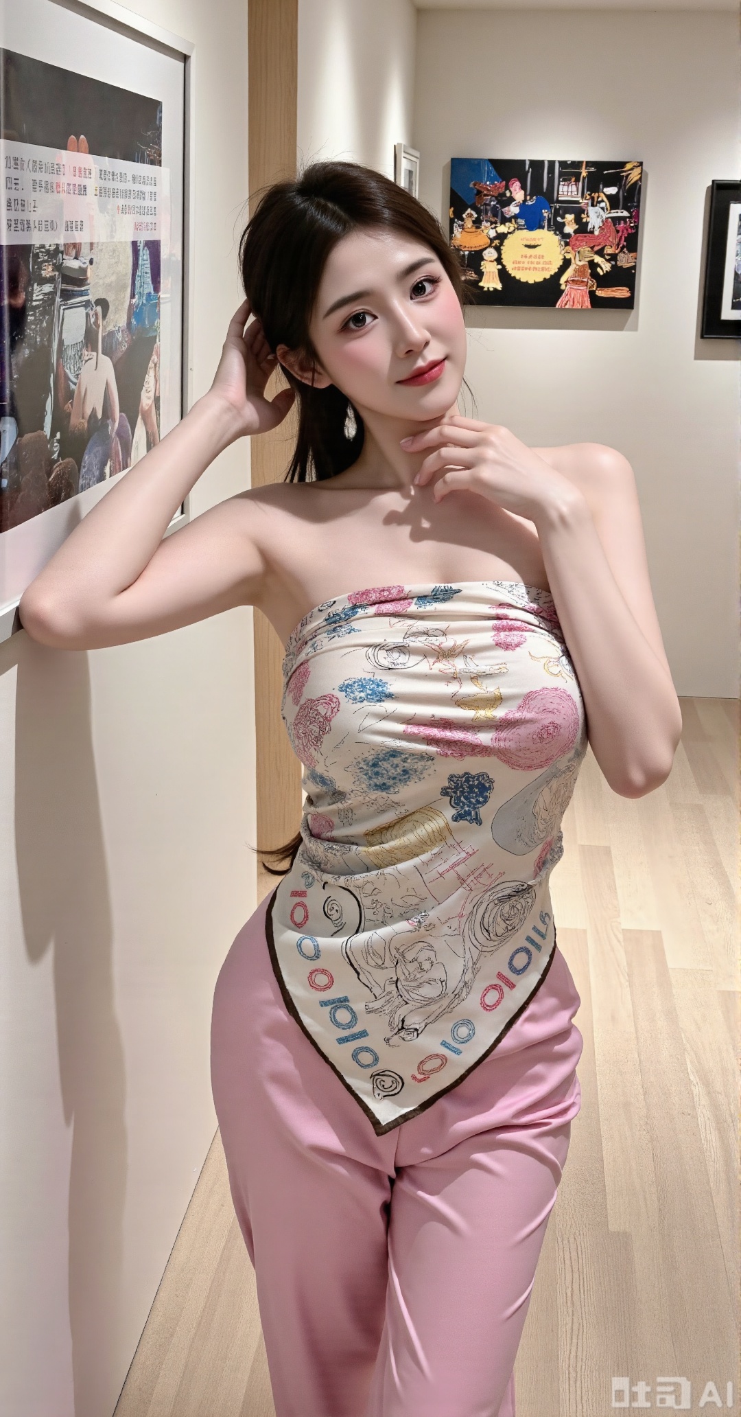 (masterpiece,best quality:1.23)A fashionable, generous and perfect - figured girl, wearing a square - scarf strapless top printed with Pop - art - style patterns. She has a small and cute face, with two charming dimples when she smiles, and eyes like curved crescents. The Pop - art prints are bold and bright, full of vitality. The top clings tightly to her body, highlighting the bust and waist lines. She stands in an art exhibition hall, tilting her head to appreciate a painting, with one hand on her chin, with a natural and casual movement. Around her are various modern art works, and the background is full of an artistic atmosphere,(huge breasts, full breasts:2.68)
Xhanfududou,Xsongzhihanfu,Xlujiajia,Xyanqingfei,XfuqingyunY,Xtangqixiongshanqun,Xfeitianhanfu,Xqinghannu,XmeijiX2,XmeijiX,XlingyuyxiuX2,XlingyuyxiuX,Xjianglishenwang,Xjianglishenwang2,Xmoxiongqipao,Xfangjinmoxiong