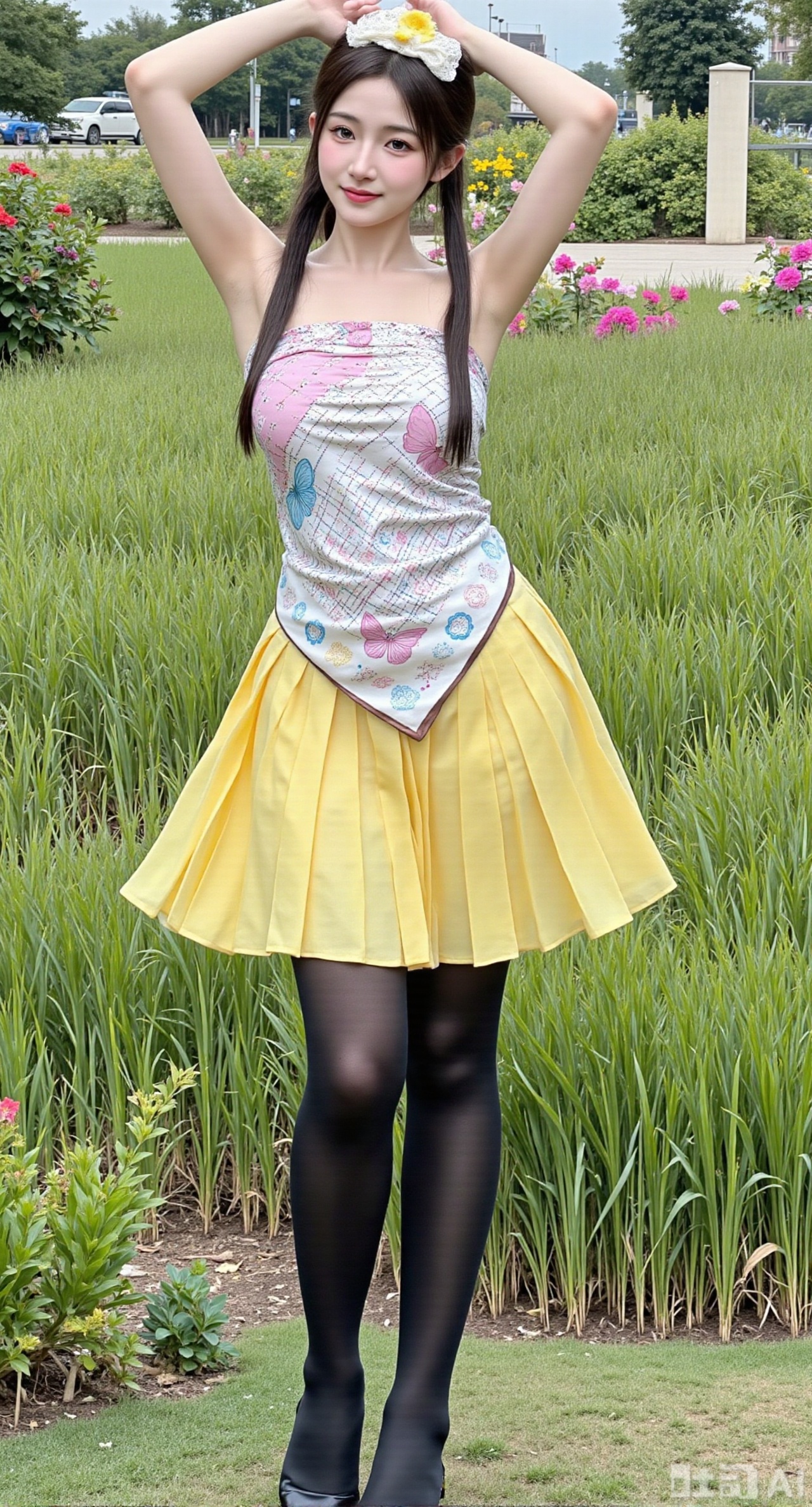 (masterpiece,best quality:1.23),A fashionable girl with a perfect figure, wearing a strapless top made of a printed square scarf with colorful butterfly and flower patterns. She has a round and cute face, with two small dimples when she smiles, and eyes that sparkle like stars. The patterns on the square scarf are colorful, fresh and lively, and the strapless top highlights her proud figure. She matches it with a yellow pleated skirt, the hem of which dances with the wind like butterfly wings. Black stockings are paired with a white lace headpiece, on which a yellow bow is tied, echoing the pleated skirt. She stands in the middle of the grassland, with her arms open, as if to fly with the butterflies. Around her are colorful flowers, presenting a cheerful and natural scene,,(huge breasts, full breasts:2.98),Xhanfududou,Xsongzhihanfu,Xlujiajia,Xyanqingfei,XfuqingyunY,Xtangqixiongshanqun,Xfeitianhanfu,Xqinghannu,XmeijiX2,XmeijiX,XlingyuyxiuX2,XlingyuyxiuX,Xjianglishenwang,Xjianglishenwang2,Xmoxiongqipao,Xfangjinmoxiong