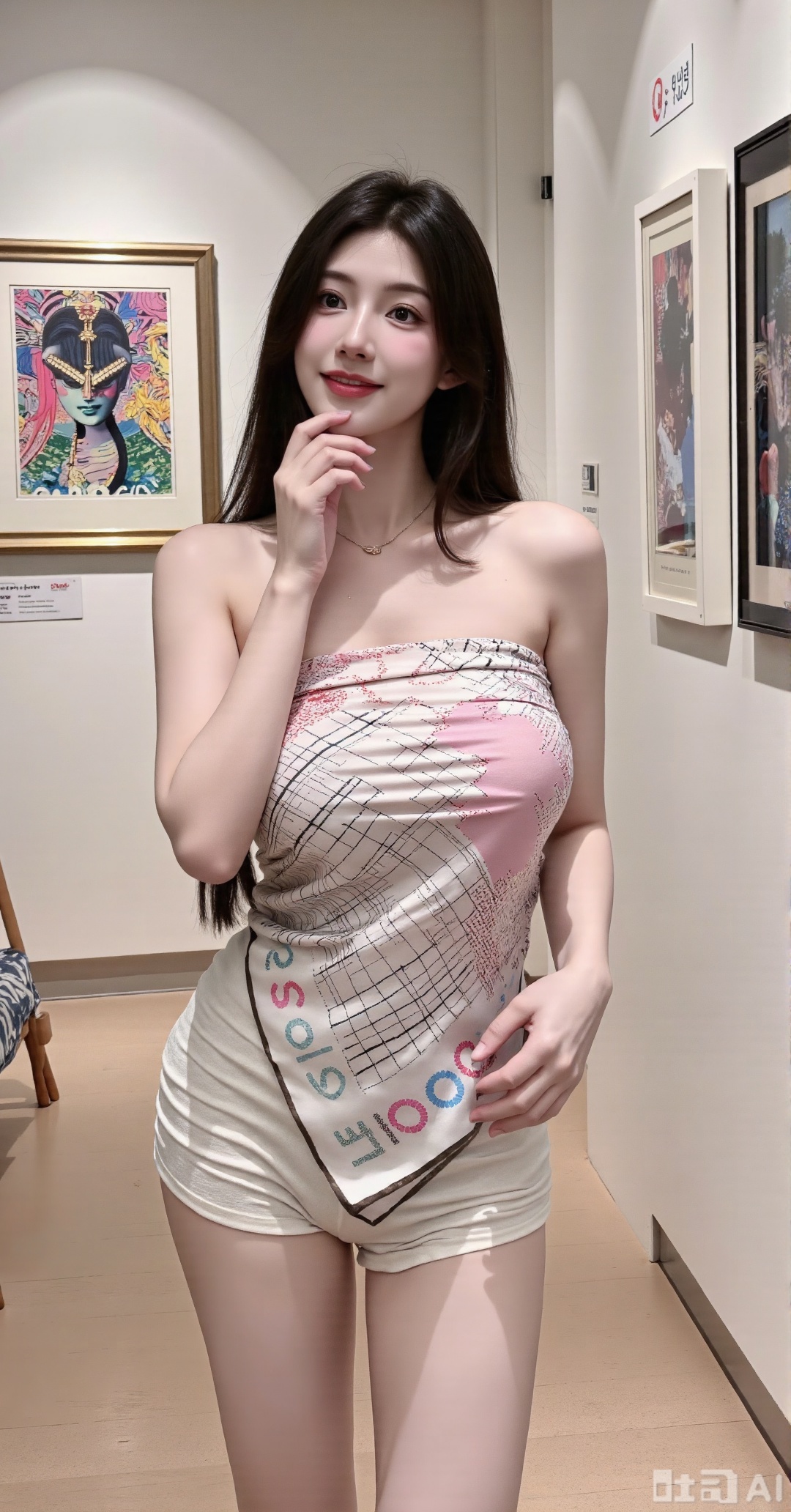 (masterpiece,best quality:1.23)A fashionable, generous and perfect - figured girl, wearing a square - scarf strapless top printed with Pop - art - style patterns. She has a small and cute face, with two charming dimples when she smiles, and eyes like curved crescents. The Pop - art prints are bold and bright, full of vitality. The top clings tightly to her body, highlighting the bust and waist lines. She stands in an art exhibition hall, tilting her head to appreciate a painting, with one hand on her chin, with a natural and casual movement. Around her are various modern art works, and the background is full of an artistic atmosphere,(huge breasts, full breasts:2.68)
Xhanfududou,Xsongzhihanfu,Xlujiajia,Xyanqingfei,XfuqingyunY,Xtangqixiongshanqun,Xfeitianhanfu,Xqinghannu,XmeijiX2,XmeijiX,XlingyuyxiuX2,XlingyuyxiuX,Xjianglishenwang,Xjianglishenwang2,Xmoxiongqipao,Xfangjinmoxiong