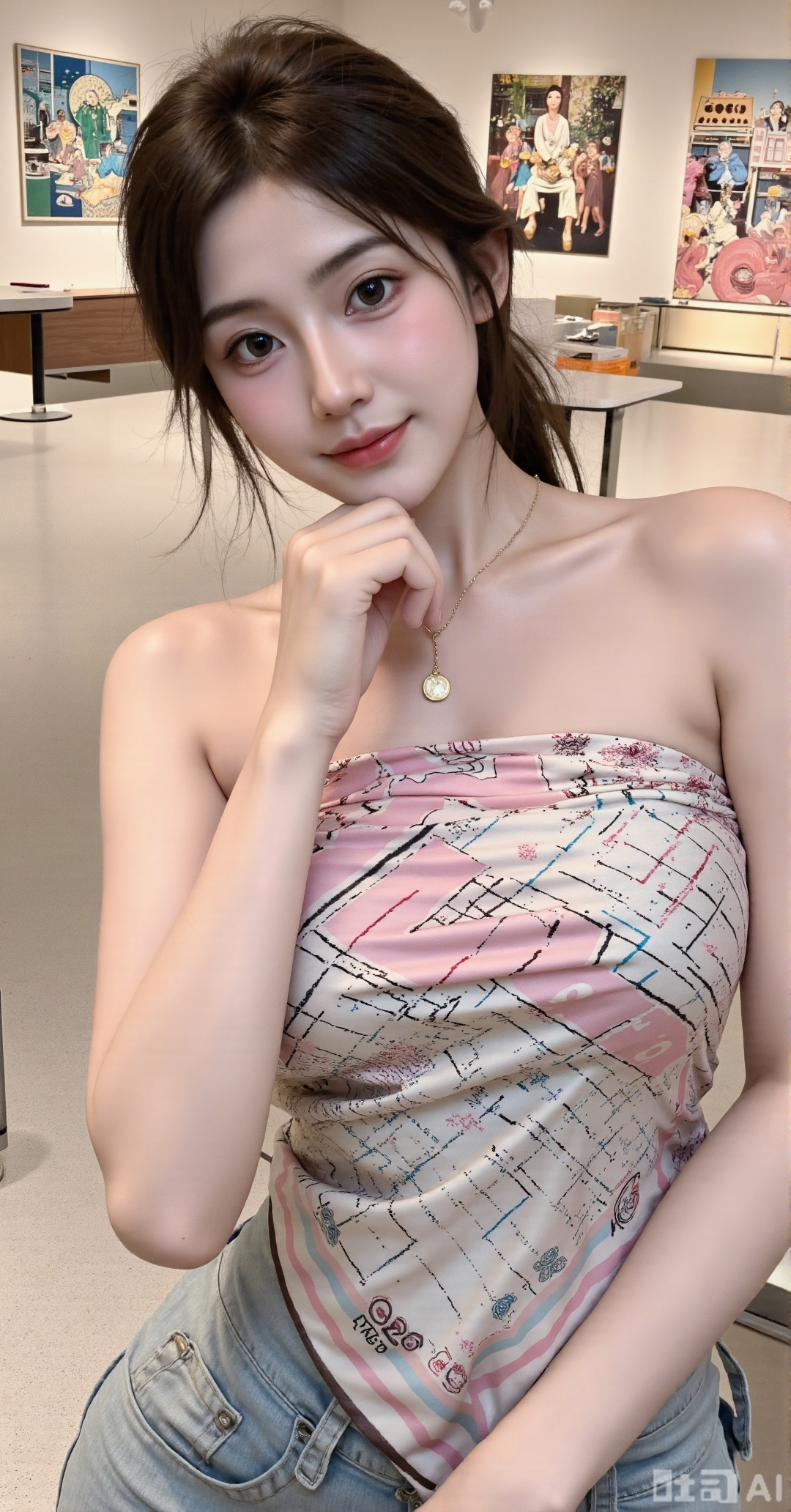 (masterpiece,best quality:1.23)A fashionable, generous and perfect - figured girl, wearing a square - scarf strapless top printed with Pop - art - style patterns. She has a small and cute face, with two charming dimples when she smiles, and eyes like curved crescents. The Pop - art prints are bold and bright, full of vitality. The top clings tightly to her body, highlighting the bust and waist lines. She stands in an art exhibition hall, tilting her head to appreciate a painting, with one hand on her chin, with a natural and casual movement. Around her are various modern art works, and the background is full of an artistic atmosphere,(huge breasts, full breasts:2.68)
Xhanfududou,Xsongzhihanfu,Xlujiajia,Xyanqingfei,XfuqingyunY,Xtangqixiongshanqun,Xfeitianhanfu,Xqinghannu,XmeijiX2,XmeijiX,XlingyuyxiuX2,XlingyuyxiuX,Xjianglishenwang,Xjianglishenwang2,Xmoxiongqipao,Xfangjinmoxiong