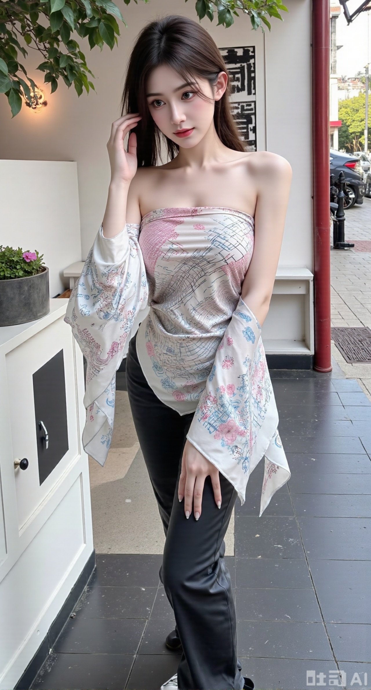 (masterpiece,best quality:1.23)A fashionable girl with a perfect figure, wearing a square - scarf strapless top printed with ink - wash landscape patterns, showing an oriental charm. She has an oval face, with gentle and deep eyes as if they can tell stories. The square scarf is skillfully wrapped into a strapless top, highlighting the body curve. She matches it with a pair of black wide - leg pants, adding a sense of fashion. She walks in an antique Jiangnan alley, gently brushing the hair by her ear, with a light step. The background is white walls, black tiles, and lanterns fluttering in the wind, creating a poetic picture,(huge breasts, full breasts:2.98),Xhanfududou,Xsongzhihanfu,Xlujiajia,Xyanqingfei,XfuqingyunY,Xtangqixiongshanqun,Xfeitianhanfu,Xqinghannu,XmeijiX2,XmeijiX,XlingyuyxiuX2,XlingyuyxiuX,Xjianglishenwang,Xjianglishenwang2,Xmoxiongqipao,Xfangjinmoxiong