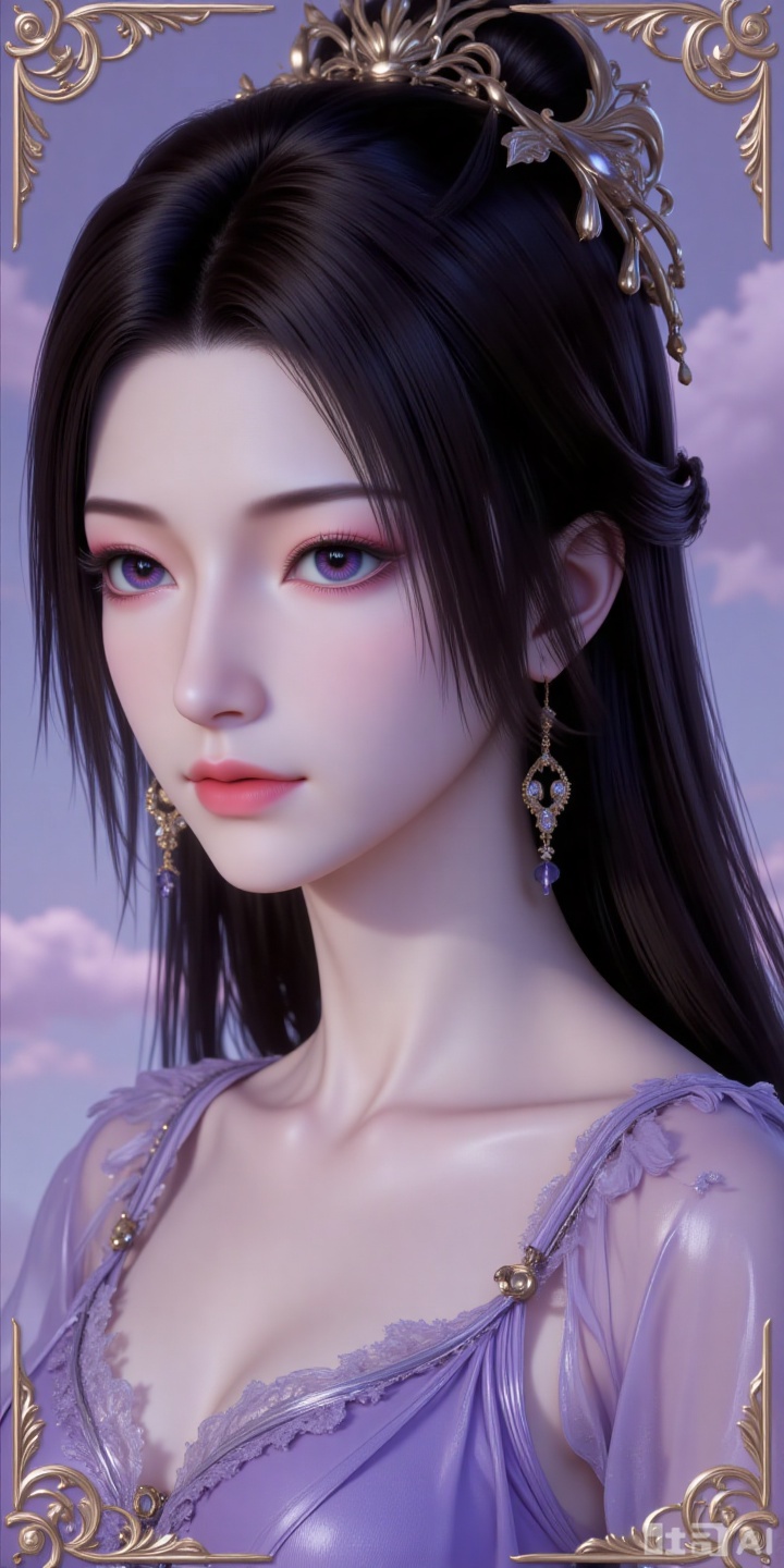 a girl,big eyes,Neon color,film collage,3D mystery,CAD,3D rendering,resin material,monochrome background,soft color,delicate gloss,clean background,rendering,best quality,ultimate studio light,3DIP,3D, 
black hair,long hair,hair_bun,purple eyes,fair_skin,jewelry,earrings,
1girl,solo,earrings,jewelry,looking at viewer,breasts,tarot,collarbone,upper body,dress,closed mouth,card \(medium\),tarot \(medium\),frills,border,


lvjing,pifu,