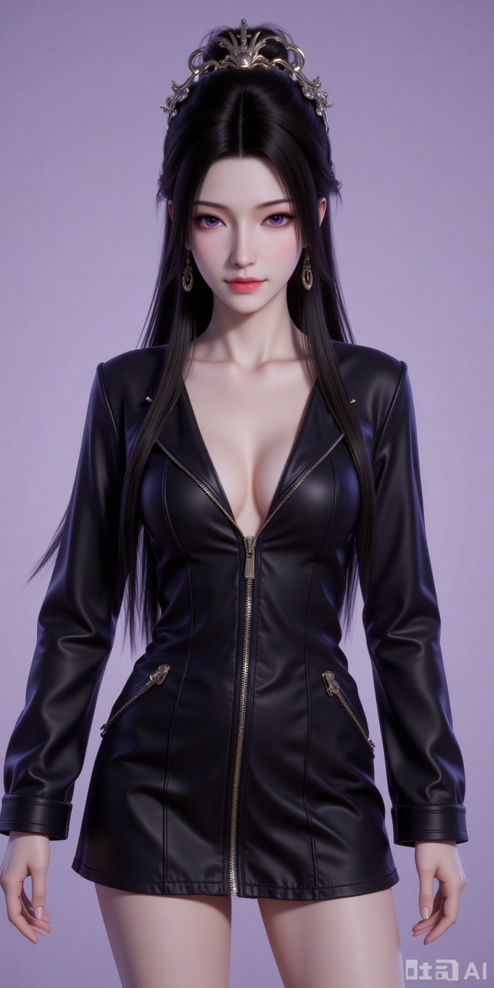 a girl,big eyes,Neon color,film collage,3D mystery,CAD,3D rendering,resin material,monochrome background,soft color,delicate gloss,clean background,rendering,best quality,ultimate studio light,3DIP,3D, 
black hair,long hair,hair_bun,purple eyes,fair_skin,jewelry,earrings,
1girl,solo,breasts,cleavage,dress,large breasts,black dress,cowboy shot,partially unzipped,short dress,zipper,looking at viewer,long sleeves,simple background,arms at sides,

lvjing,pifu,