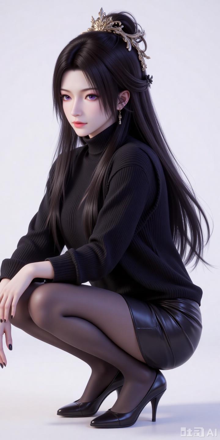a girl,big eyes,Neon color,film collage,3D mystery,CAD,3D rendering,resin material,monochrome background,soft color,delicate gloss,clean background,rendering,best quality,ultimate studio light,3DIP,3D, 
black hair,long hair,hair_bun,purple eyes,fair_skin,jewelry,earrings,large breasts,
1girl,solo,pantyhose,high heels,looking at viewer,black footwear,squatting,sweater,quad tails,full body,parted lips,black sweater,earrings,signature,black nails,long sleeves,parted bangs,jewelry,pencil skirt,skirt,bangs,turtleneck,nail polish,black pantyhose,dress,(white background:1.2),simple background,


lvjing,pifu,
