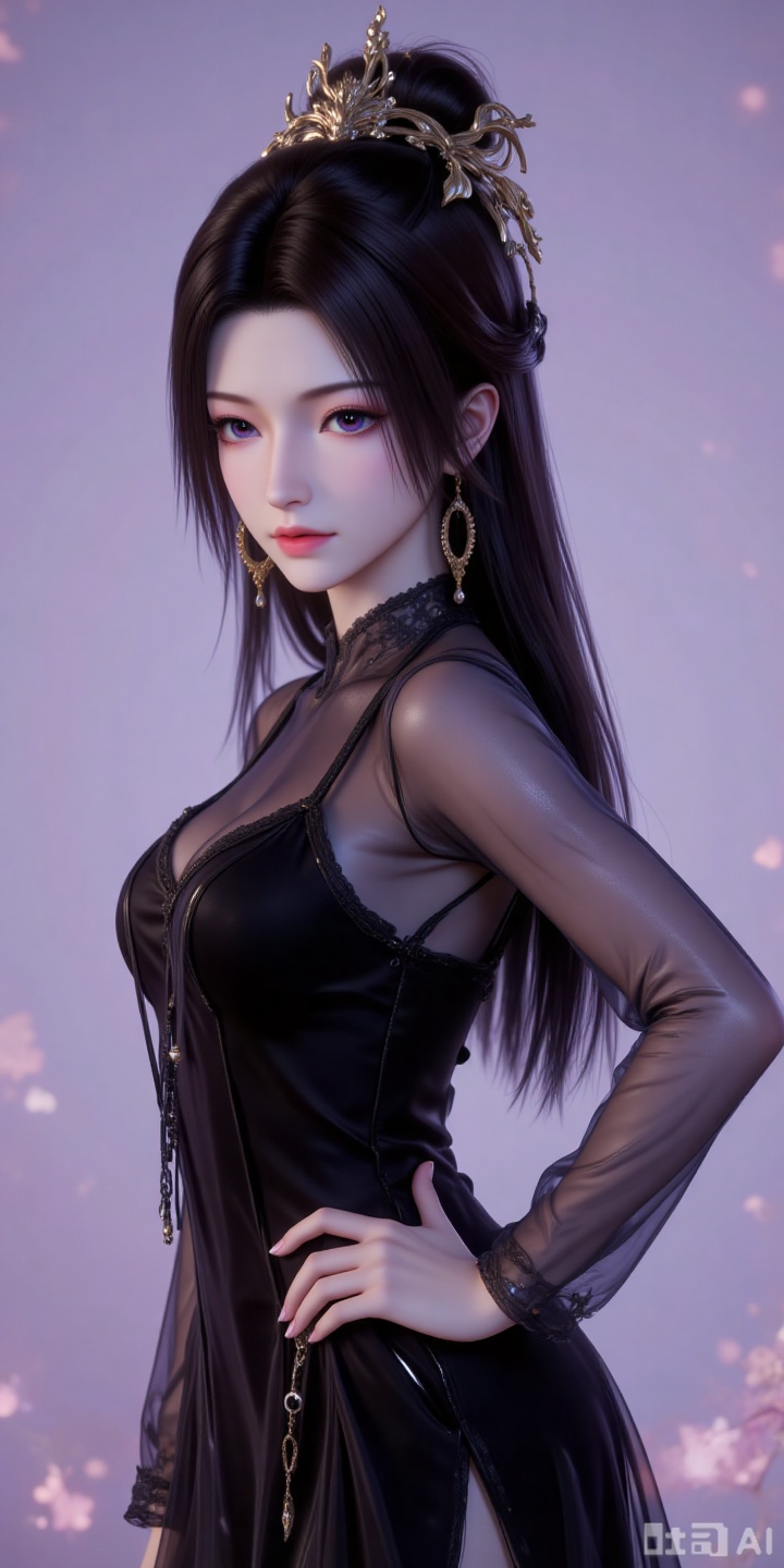 a girl,big eyes,Neon color,film collage,3D mystery,CAD,3D rendering,resin material,monochrome background,soft color,delicate gloss,clean background,rendering,best quality,ultimate studio light,3DIP,3D, 
black hair,long hair,hair_bun,purple eyes,fair_skin,jewelry,earrings,
1girl,solo,jewelry,earrings,see-through,dress,upper body,black dress,hand on own hip,breasts,see-through sleeves, 

lvjing,pifu,