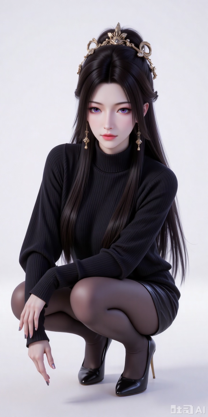 a girl,big eyes,Neon color,film collage,3D mystery,CAD,3D rendering,resin material,monochrome background,soft color,delicate gloss,clean background,rendering,best quality,ultimate studio light,3DIP,3D, 
black hair,long hair,hair_bun,purple eyes,fair_skin,jewelry,earrings,large breasts,
1girl,solo,pantyhose,high heels,looking at viewer,black footwear,squatting,sweater,quad tails,full body,parted lips,black sweater,earrings,signature,black nails,long sleeves,parted bangs,jewelry,pencil skirt,skirt,bangs,turtleneck,nail polish,black pantyhose,dress,(white background:1.2),simple background,


lvjing,pifu,