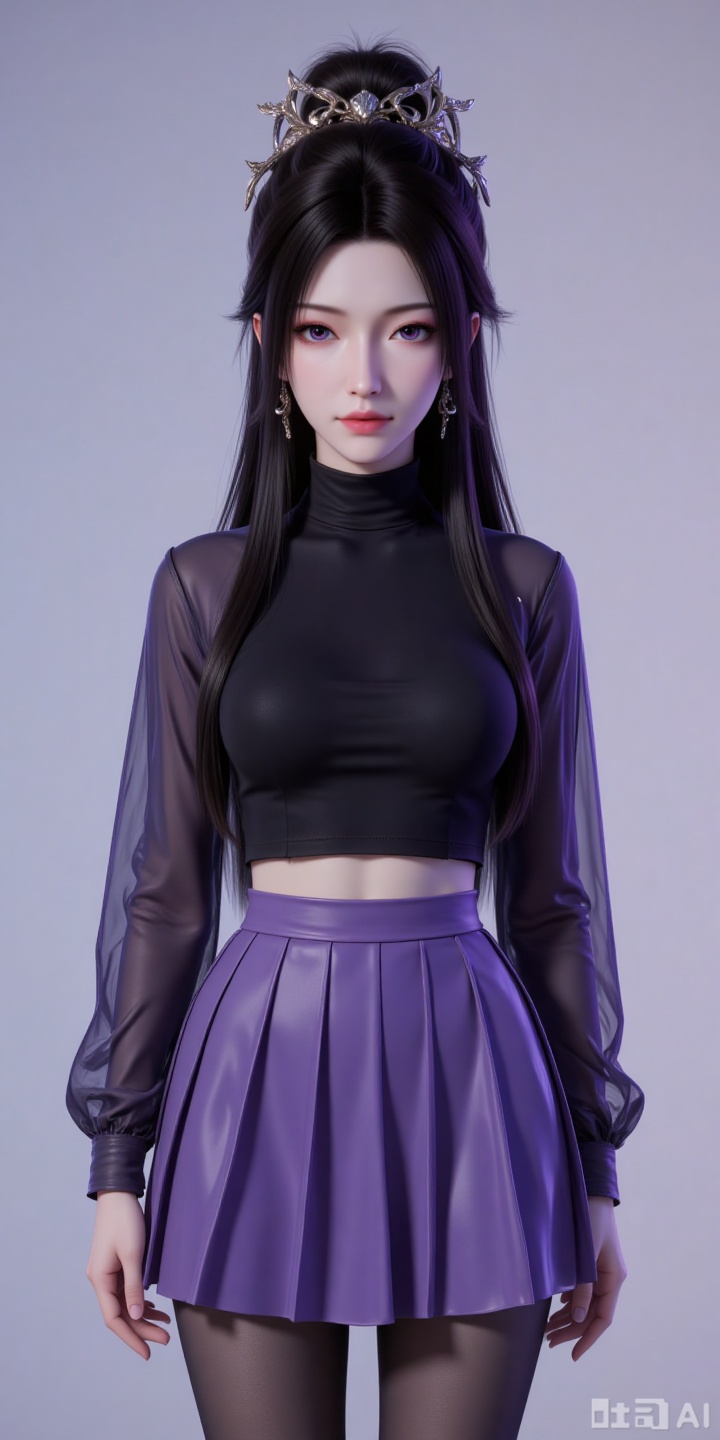 a girl,big eyes,Neon color,film collage,3D mystery,CAD,3D rendering,resin material,monochrome background,soft color,delicate gloss,clean background,rendering,best quality,ultimate studio light,3DIP,3D, 
black hair,long hair,hair_bun,purple eyes,fair_skin,jewelry,earrings,
1girl,breasts,skirt,solo,pantyhose,large breasts,purple skirt,covered navel,long sleeves,taut clothes,miniskirt,pleated skirt,turtleneck,black shirt,shirt,black pantyhose,taut shirt, 


lvjing,pifu,