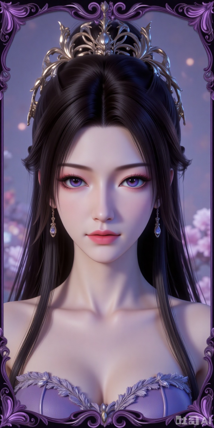 a girl,big eyes,Neon color,film collage,3D mystery,CAD,3D rendering,resin material,monochrome background,soft color,delicate gloss,clean background,rendering,best quality,ultimate studio light,3DIP,3D, 
black hair,long hair,hair_bun,purple eyes,fair_skin,jewelry,earrings,
1girl,solo,earrings,jewelry,looking at viewer,breasts,tarot,collarbone,upper body,dress,closed mouth,card \(medium\),tarot \(medium\),frills,border,


lvjing,pifu,