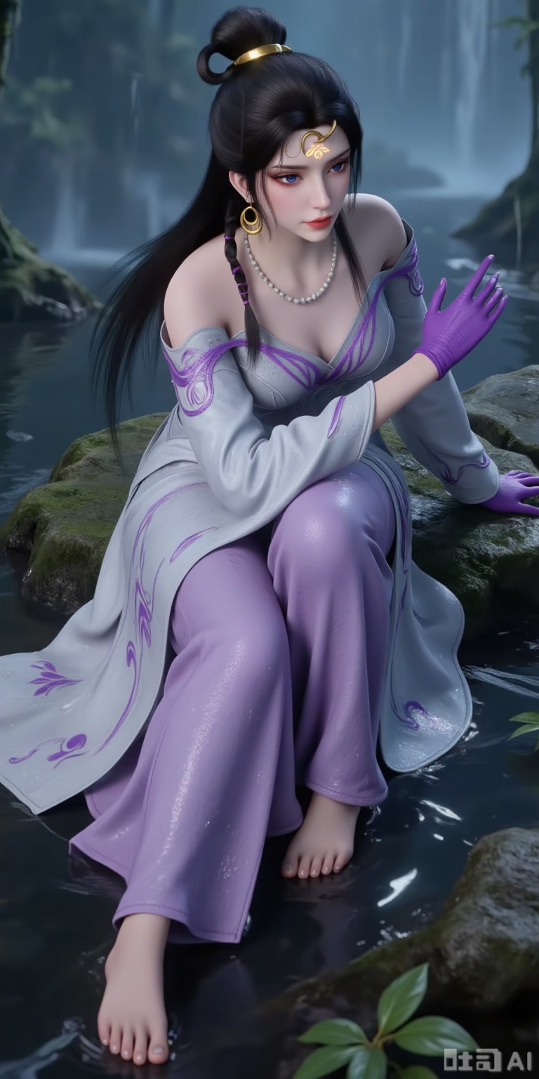 (masterpiece:1.2),best quality,absurdres,masterpiece,original,extremely detailed wallpaper,perfect lighting,(extremely detailed CG:1.2),(masterpiece, top quality, best quality, official art, beautiful and aesthetic:1.2),1girl, solo, long hair, looking at viewer, black hair, gloves,jewelry, bare shoulders,earrings,white dress, necklace, hair bun, Purple dress,pearl necklace, pearl earrings ,brown eyes,(Long skirt: 1.2), solo, outdoors, rain,water,leaf,nature, moss, rock, raindrop, forest, wet, moss,3d,Realistic,