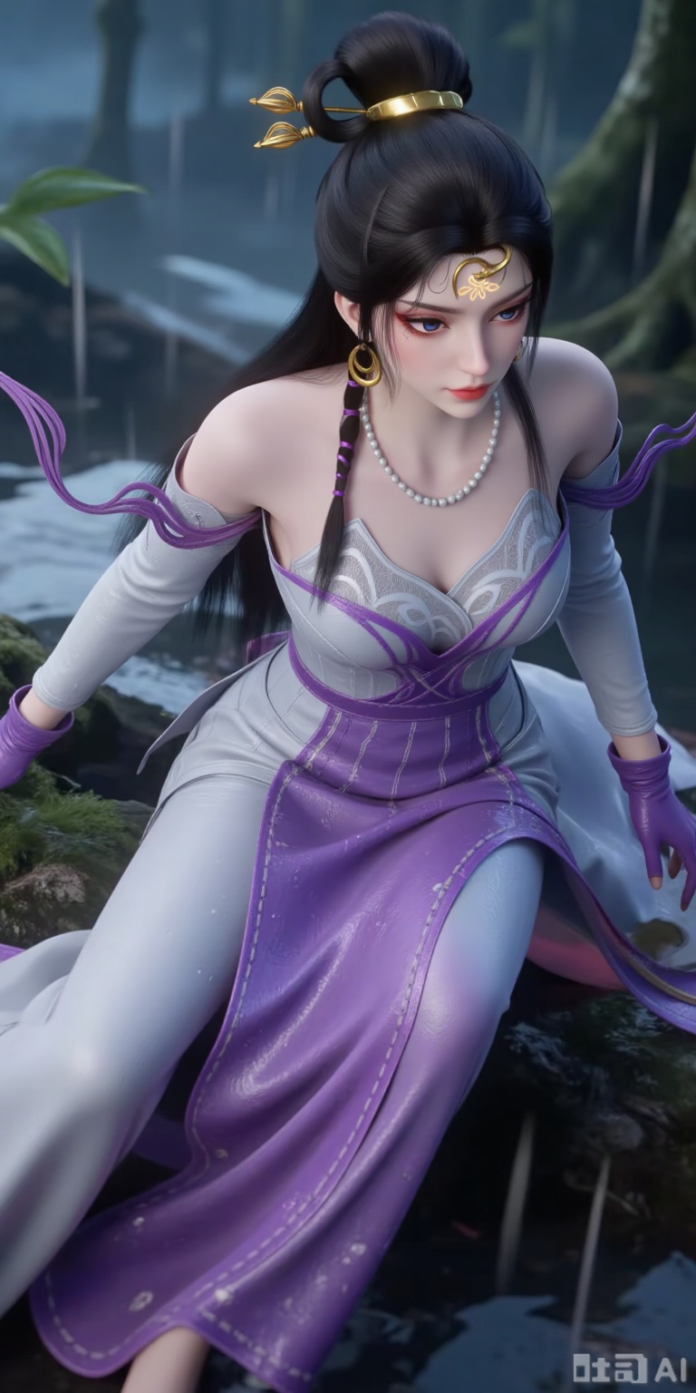 (masterpiece:1.2),best quality,absurdres,masterpiece,original,extremely detailed wallpaper,perfect lighting,(extremely detailed CG:1.2),(masterpiece, top quality, best quality, official art, beautiful and aesthetic:1.2),1girl, solo, long hair, looking at viewer, black hair, gloves,jewelry, bare shoulders,earrings,white dress, necklace, hair bun, Purple dress,pearl necklace, pearl earrings ,brown eyes,(Long skirt: 1.2), solo, outdoors, rain,water,leaf,nature, moss, rock, raindrop, forest, wet, moss,3d,Realistic,