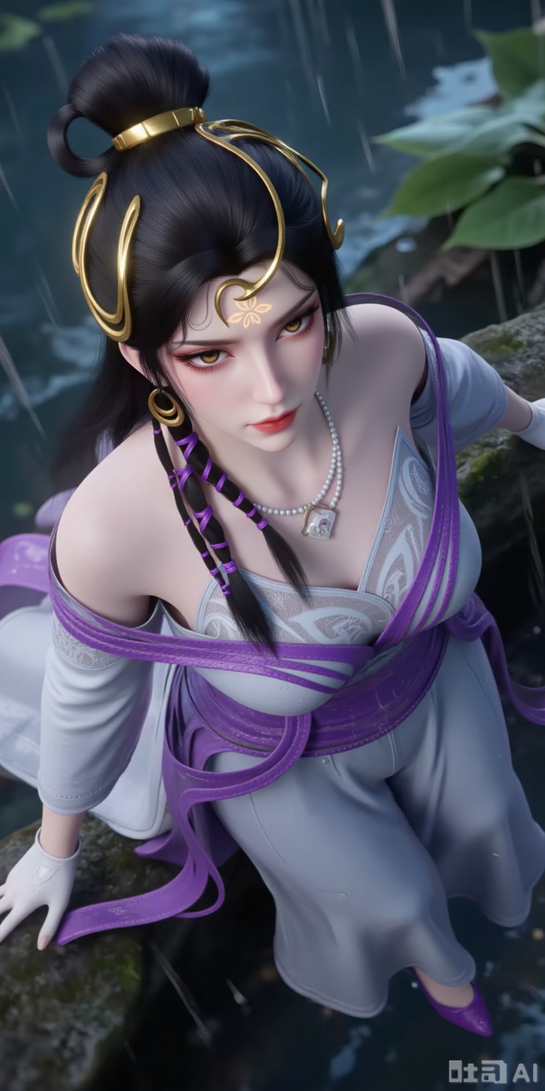 (masterpiece:1.2),best quality,absurdres,masterpiece,original,extremely detailed wallpaper,perfect lighting,(extremely detailed CG:1.2),(masterpiece, top quality, best quality, official art, beautiful and aesthetic:1.2),1girl, solo, long hair, looking at viewer, black hair, gloves,jewelry, bare shoulders,earrings,white dress, necklace, hair bun, Purple dress,pearl necklace, pearl earrings ,brown eyes,(Long skirt: 1.2), solo, outdoors, rain,water,leaf,nature, moss, rock, raindrop, forest, wet, moss,3d,Realistic,