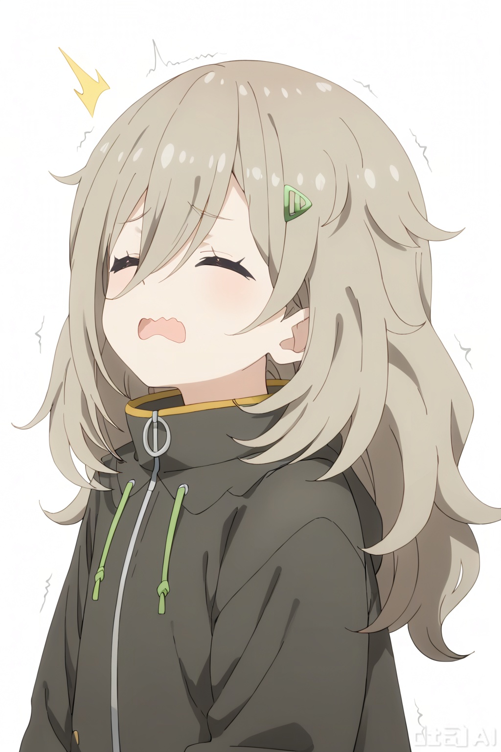 1girl, solo, long hair, open mouth, bangs, brown hair, hair ornament, hair between eyes, jacket, closed eyes, upper body, hairclip, wavy mouth, trembling